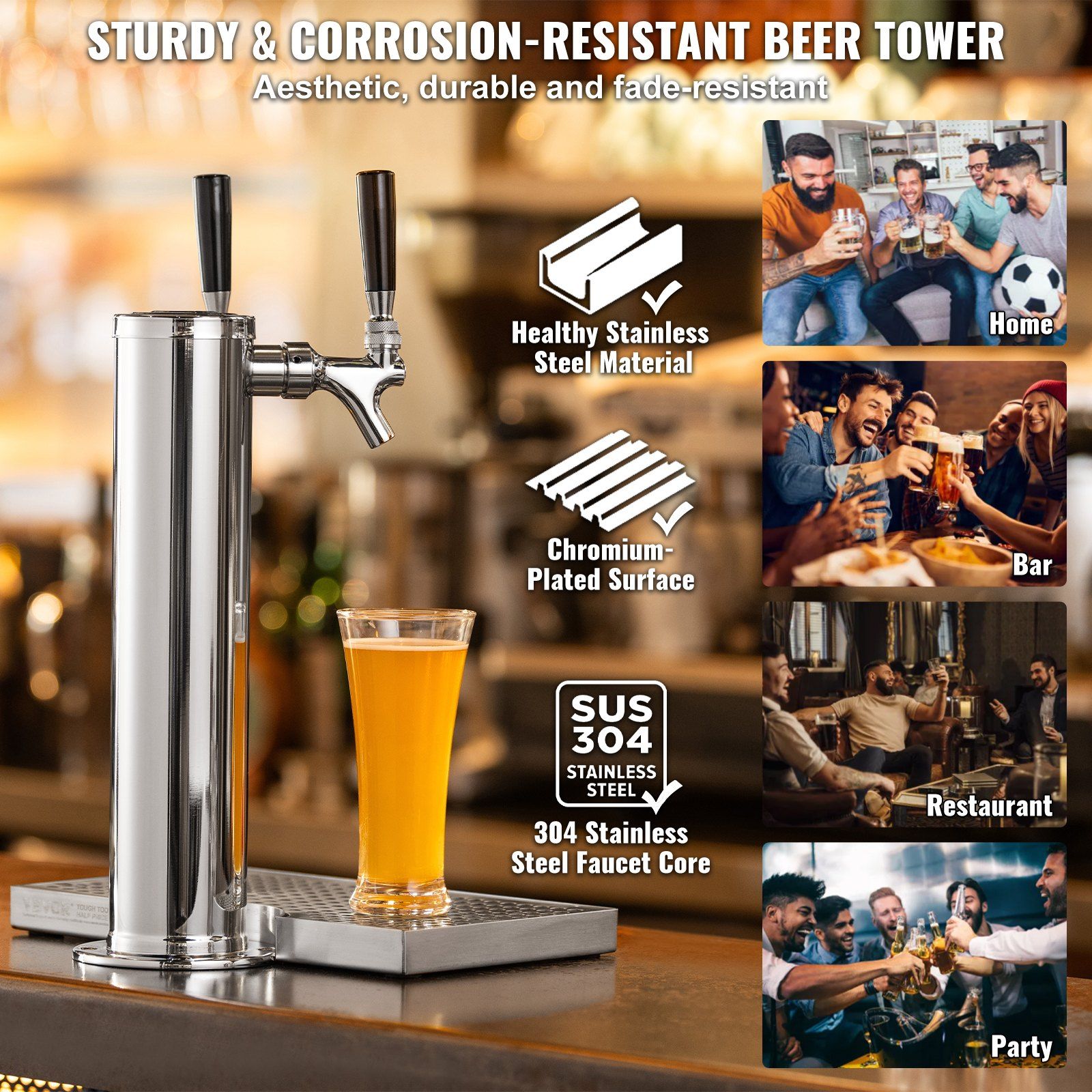Dual Taps Draft Beer Tower Dispenser, Stainless Steel Keg Beer Tower, Kegerator Tower Kit with Pre-Assembled Tubing and Self-Closing Faucet Shanks for Party, Bar, Pub, Restaurant - Image 5