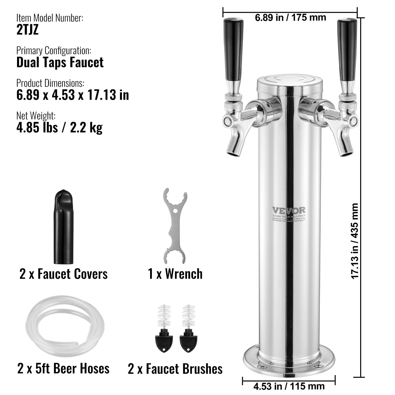 Dual Taps Draft Beer Tower Dispenser, Stainless Steel Keg Beer Tower, Kegerator Tower Kit with Pre-Assembled Tubing and Self-Closing Faucet Shanks for Party, Bar, Pub, Restaurant - Image 7