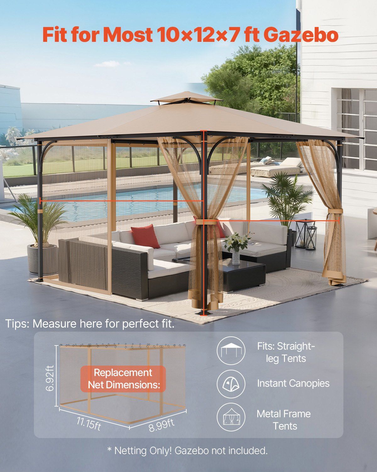 Gazebo Netting Replacement, Fit Most 10 x 12 x 7 FT Gazebo Curtain, Outdoor Garden Net, 4-Panel Sidewall Mesh Net, Patio Midge Netting with Double Zipper, Canopy Screen (Netting Only) - Image 2
