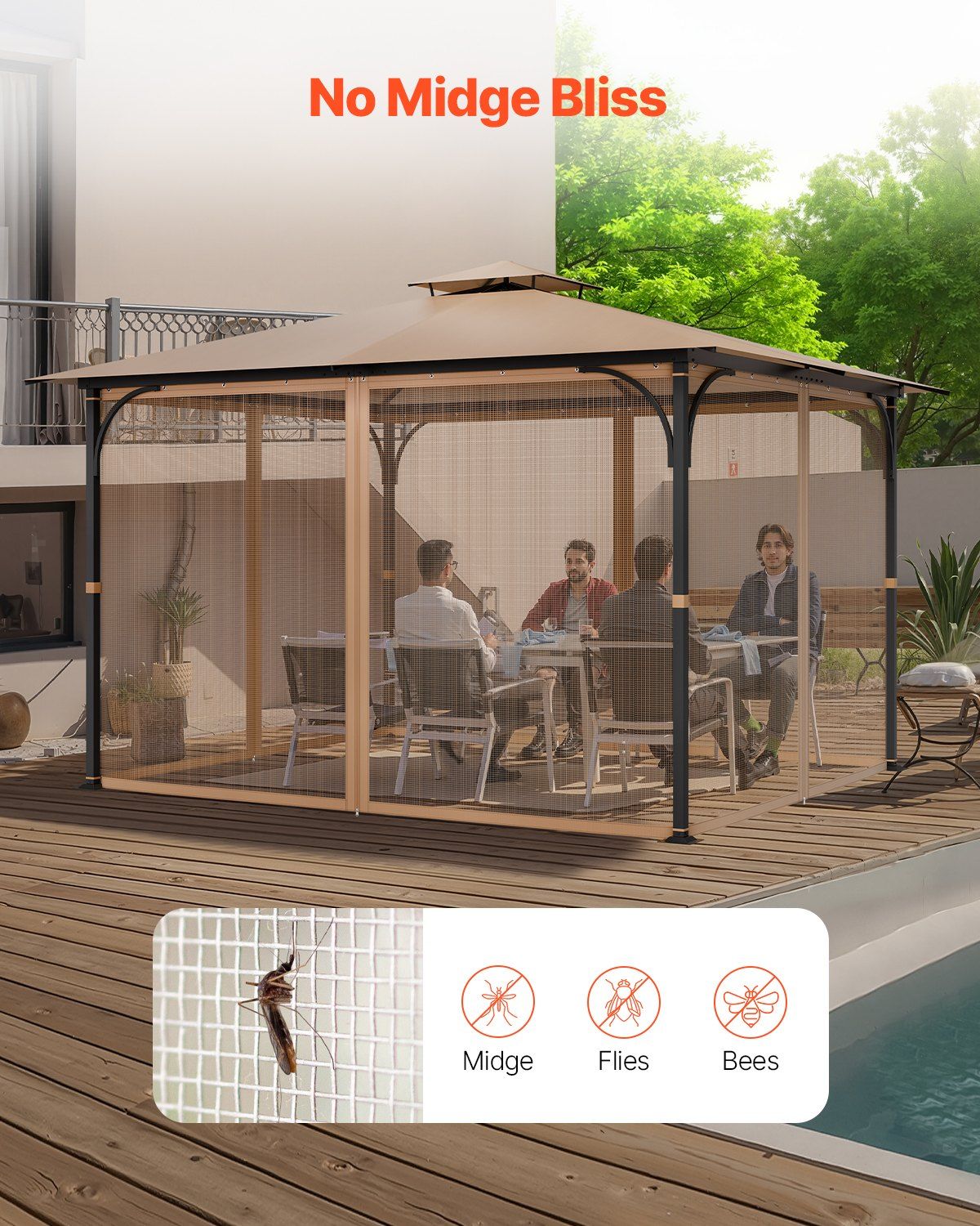 Gazebo Netting Replacement, Fit Most 10 x 12 x 7 FT Gazebo Curtain, Outdoor Garden Net, 4-Panel Sidewall Mesh Net, Patio Midge Netting with Double Zipper, Canopy Screen (Netting Only) - Image 5