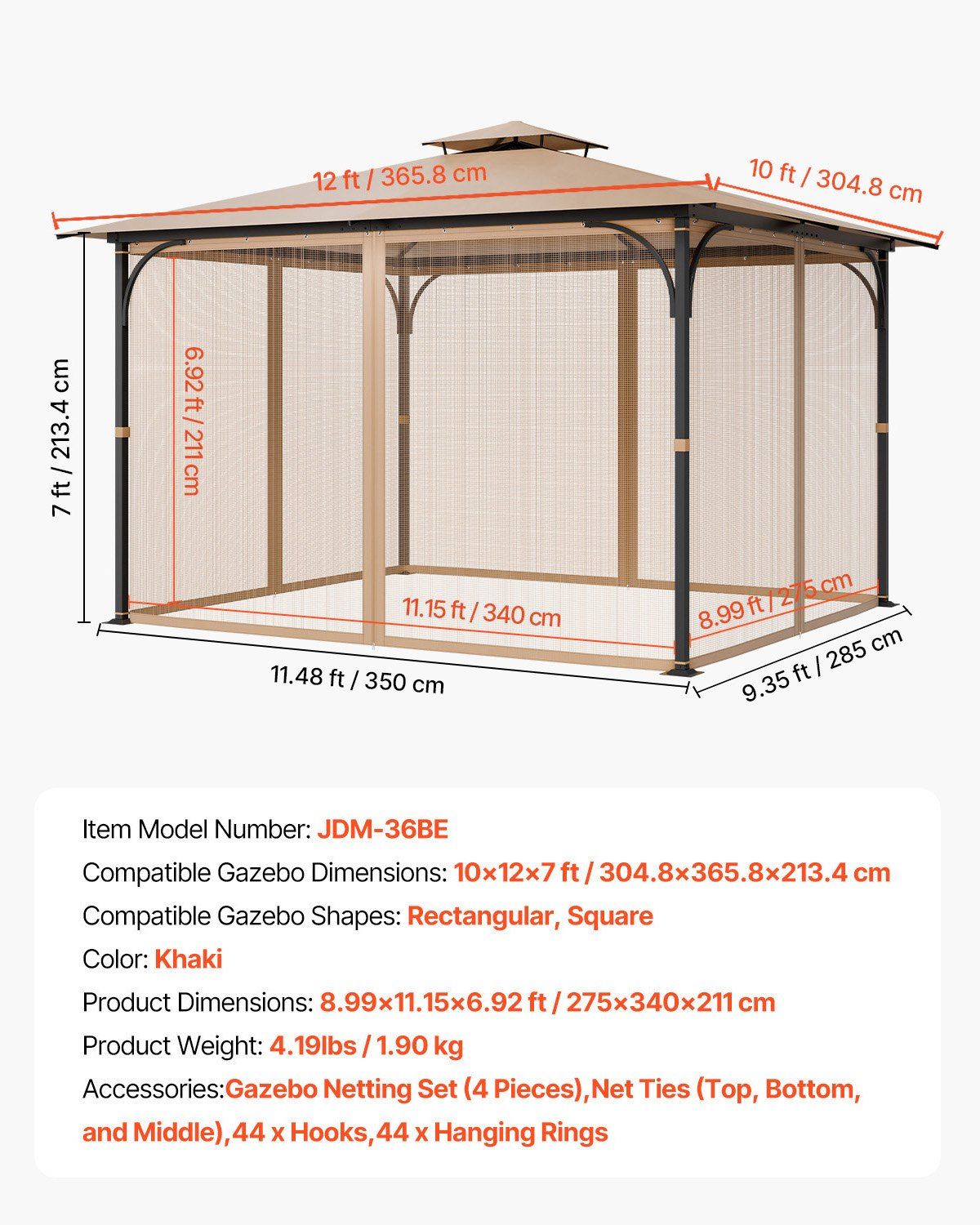 Gazebo Netting Replacement, Fit Most 10 x 12 x 7 FT Gazebo Curtain, Outdoor Garden Net, 4-Panel Sidewall Mesh Net, Patio Midge Netting with Double Zipper, Canopy Screen (Netting Only) - Image 7