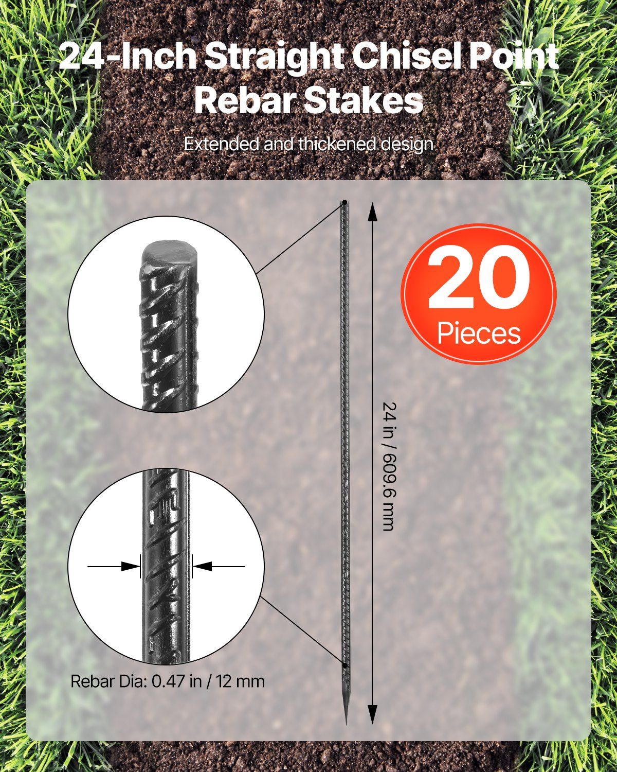 Rebar Stakes, 609.6 mm, Heavy-Duty 12 mm Diameter, Straight Galvanized Steel Ground Anchors with Chisel Point End & Rust-Resistant Coating, for Gardening Support, Fence, Camping Tents (20-Pack) - Image 2