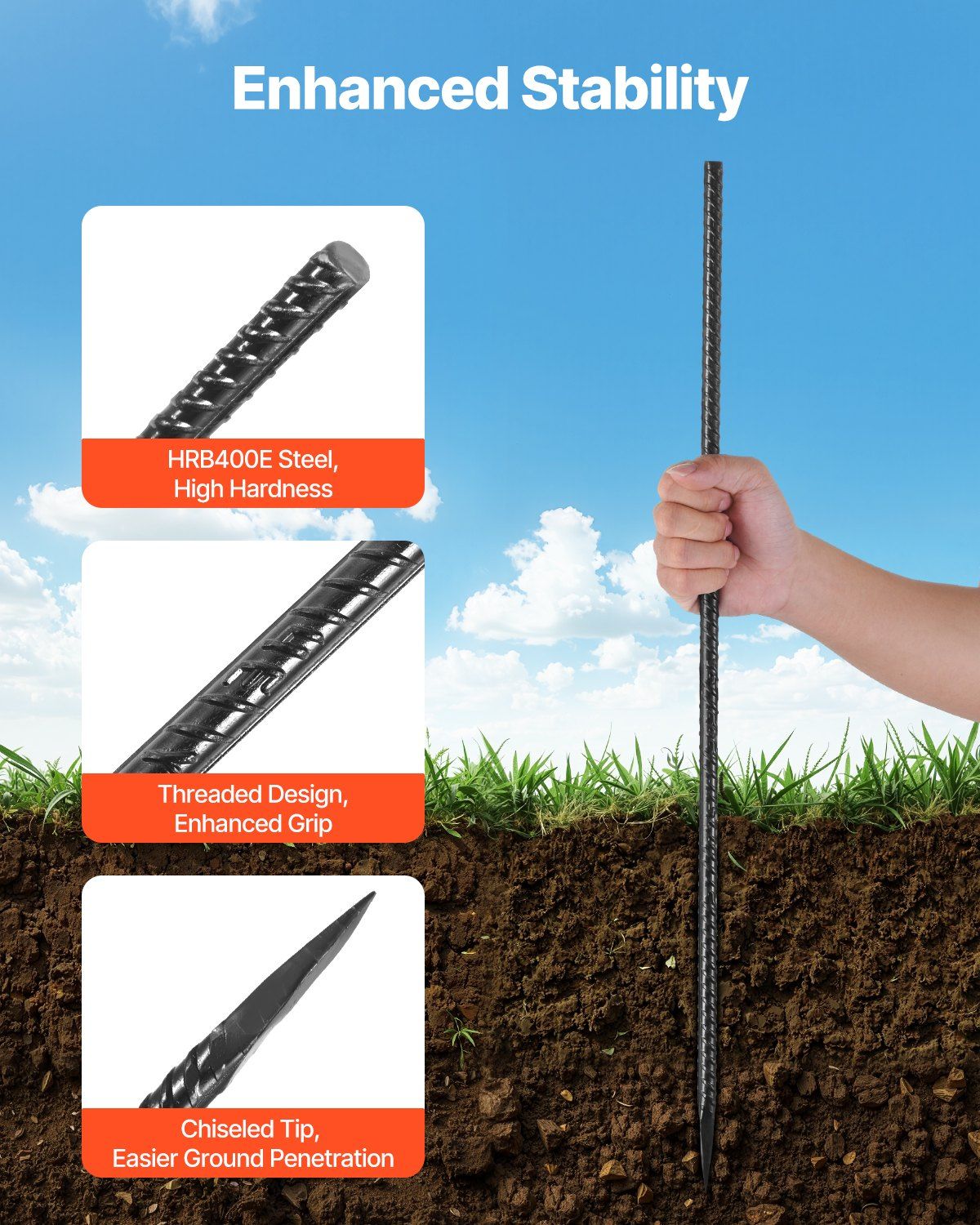 Rebar Stakes, 609.6 mm, Heavy-Duty 12 mm Diameter, Straight Galvanized Steel Ground Anchors with Chisel Point End & Rust-Resistant Coating, for Gardening Support, Fence, Camping Tents (20-Pack) - Image 3