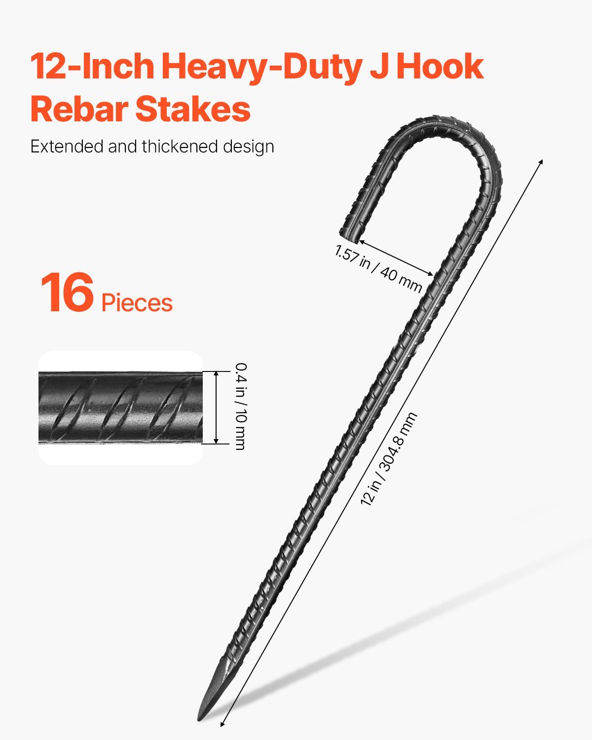 Rebar Stakes, 304.8 mm, Heavy-Duty 10 mm Diameter J Hook, Galvanized Steel Ground Anchors with Chisel Point End & Rust-Resistant Coating, for Gardening Support, Fence, Camping Tents (16-Pack) - Image 2