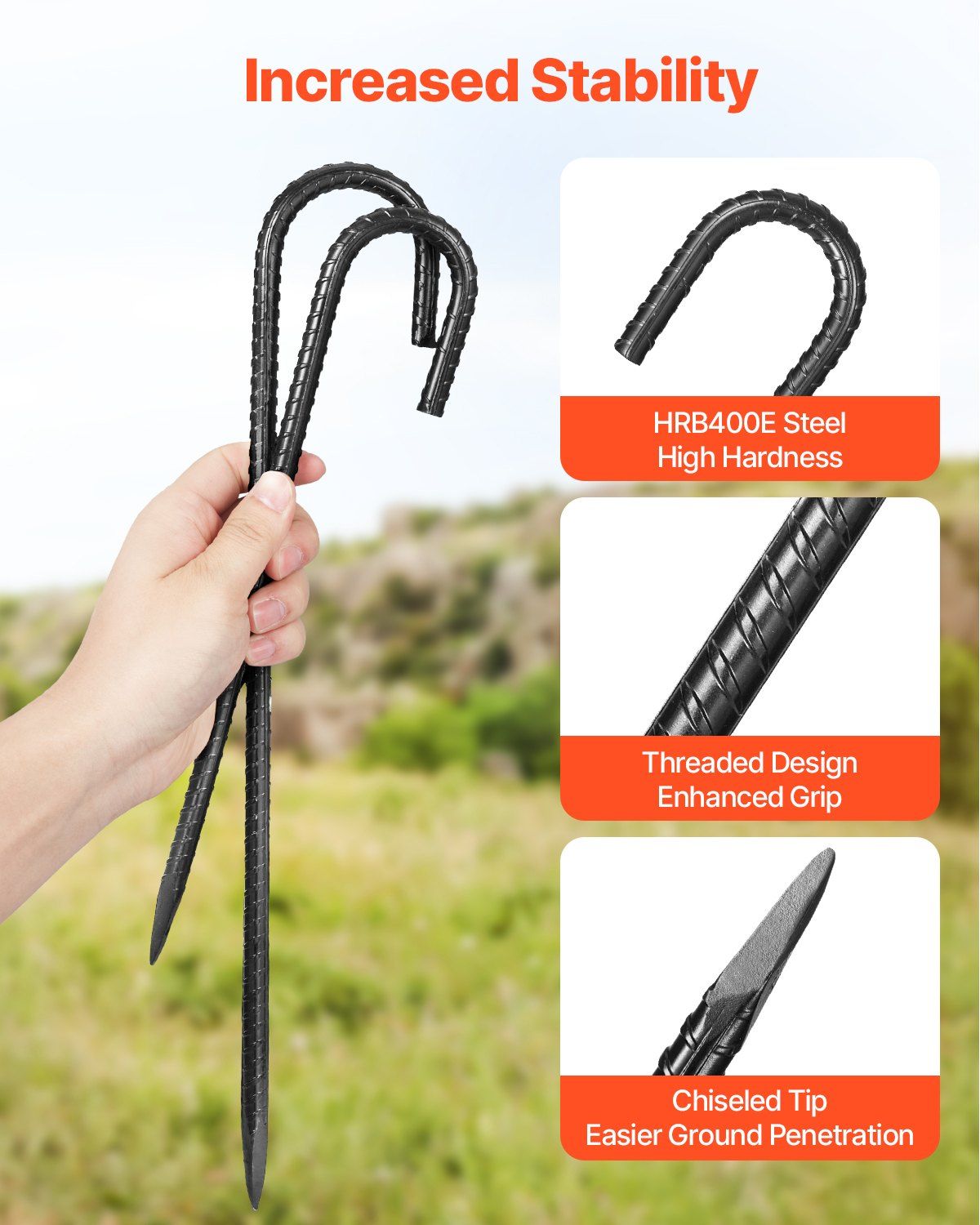 Rebar Stakes, 304.8 mm, Heavy-Duty 10 mm Diameter J Hook, Galvanized Steel Ground Anchors with Chisel Point End & Rust-Resistant Coating, for Gardening Support, Fence, Camping Tents (16-Pack) - Image 3