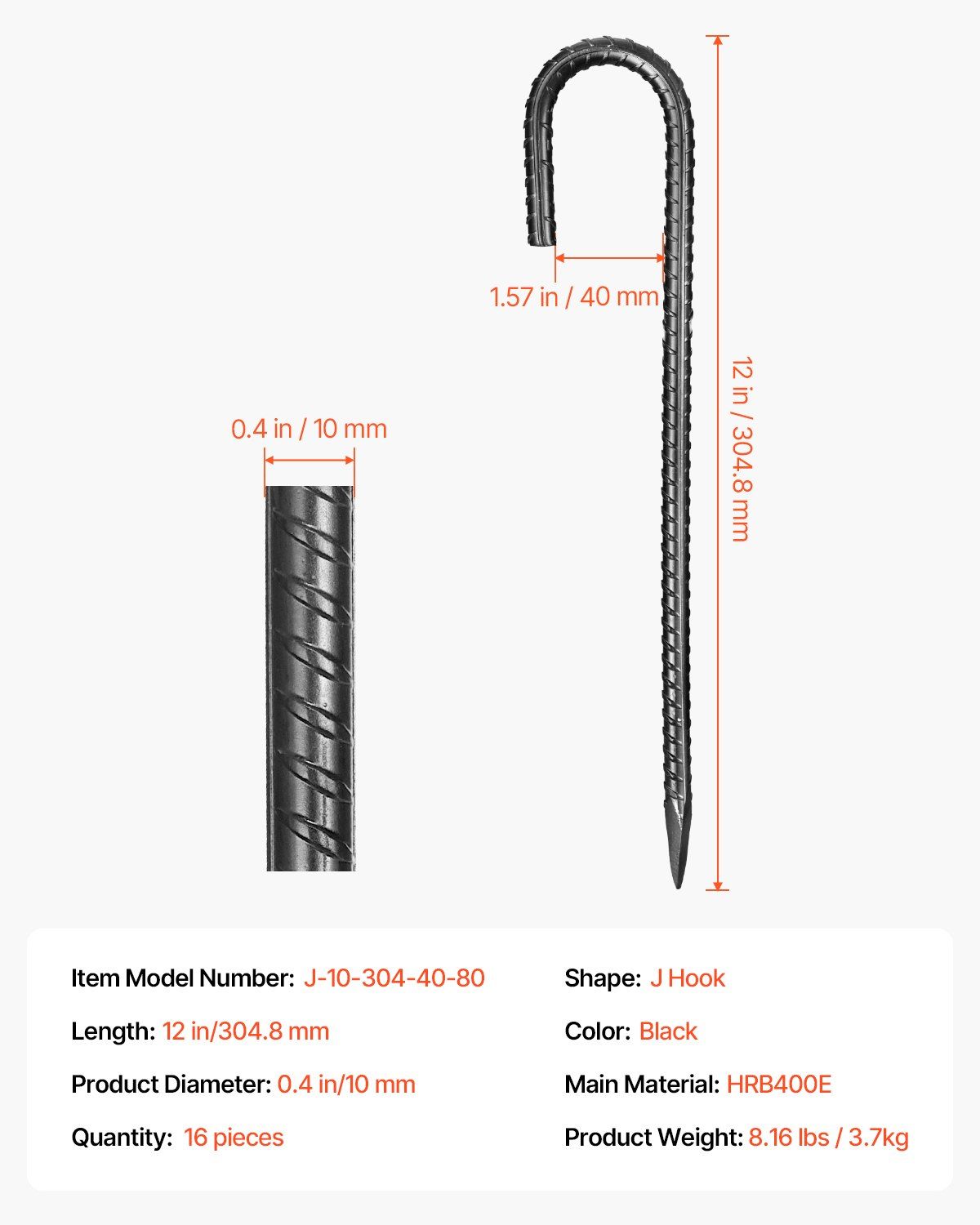 Rebar Stakes, 304.8 mm, Heavy-Duty 10 mm Diameter J Hook, Galvanized Steel Ground Anchors with Chisel Point End & Rust-Resistant Coating, for Gardening Support, Fence, Camping Tents (16-Pack) - Image 7