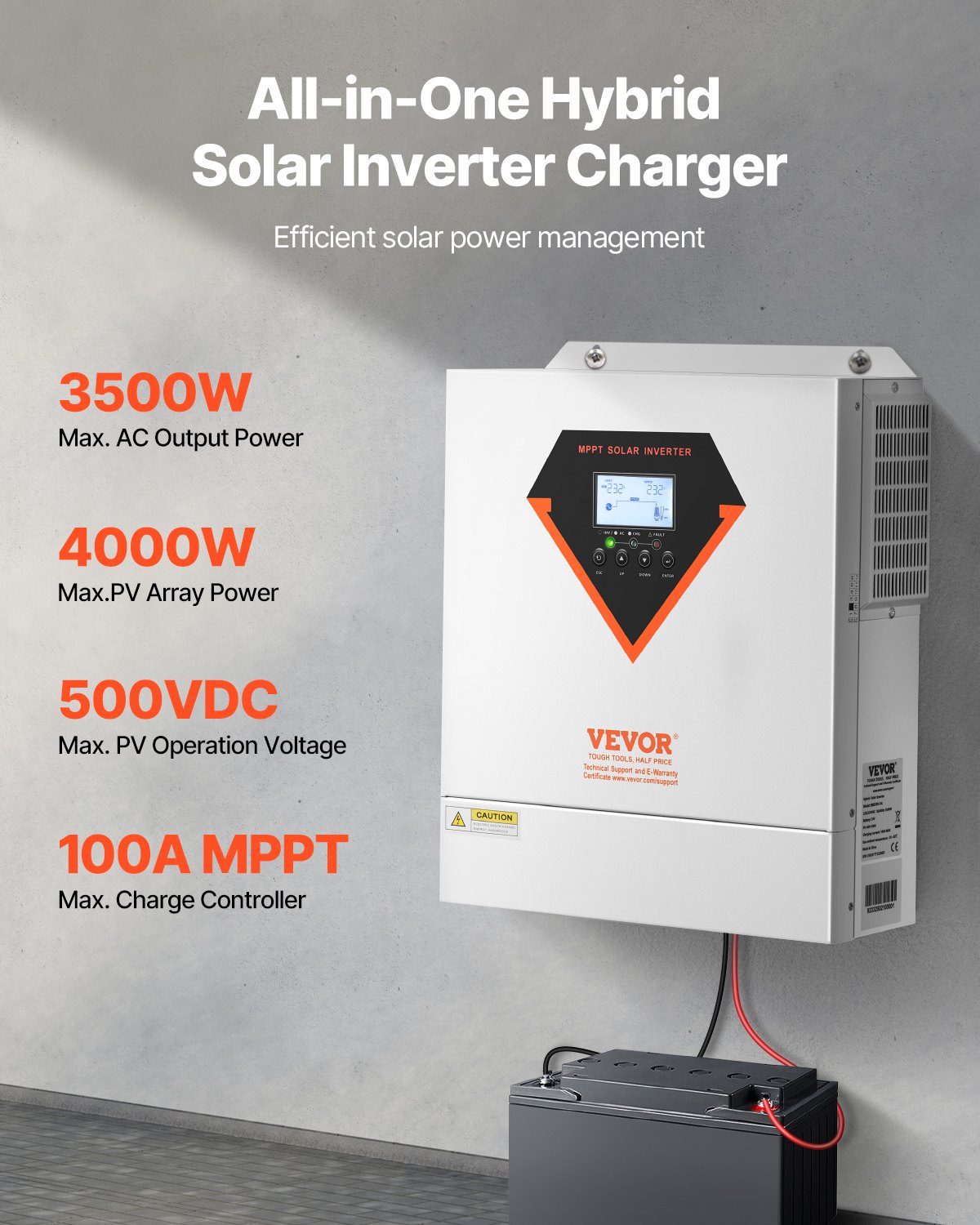 Hybrid Solar Inverter, 3500W, All in One Pure Sine Wave Power Inverter Charger, 220V AC, with Built-in 100A MPPT Solar Charger Controller, for Off-Grid System Lead Acid Lithium Battery - Image 2