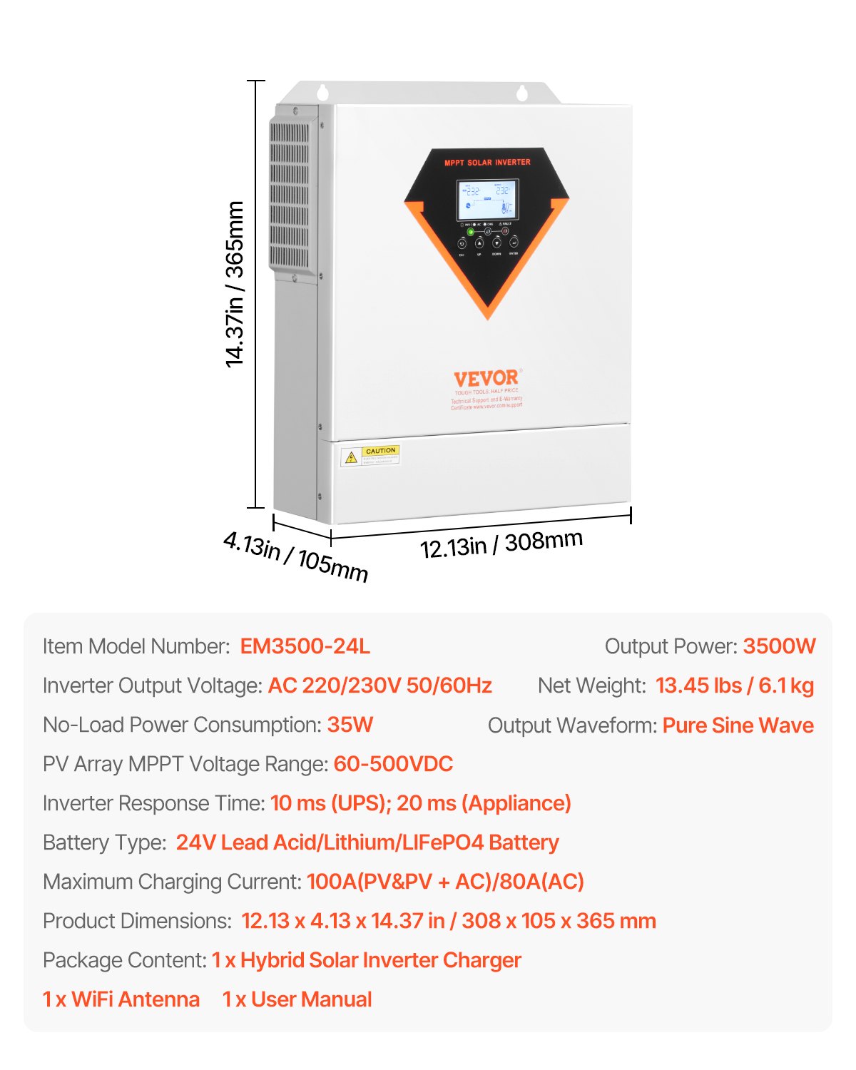 Hybrid Solar Inverter, 3500W, All in One Pure Sine Wave Power Inverter Charger, 220V AC, with Built-in 100A MPPT Solar Charger Controller, for Off-Grid System Lead Acid Lithium Battery - Image 7