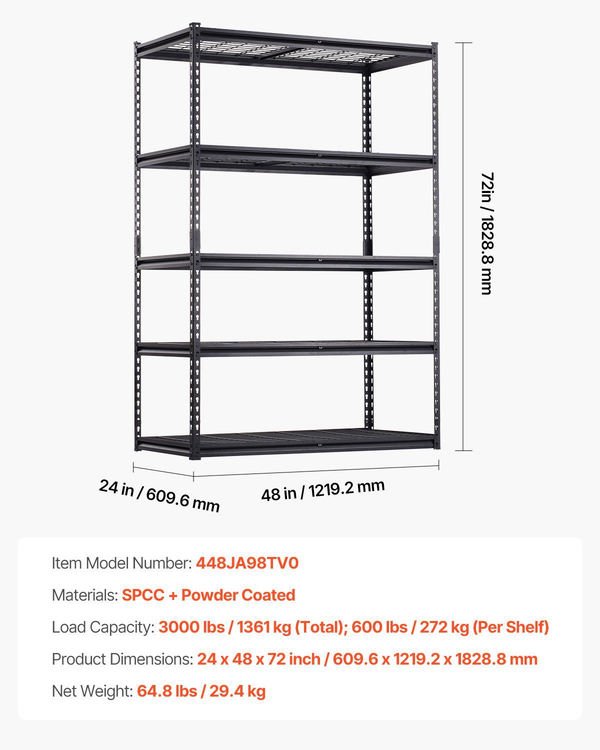 Storage Shelves, 1361 kg, 5 Tier Heavy Duty Garage Shelving, 609.6 x 1219.2 x 1828.8 mm Adjustable Metal Shelves for Industrial Shelving Unit Utility Shelf, for Kitchen, Warehouse, Basement - Image 7