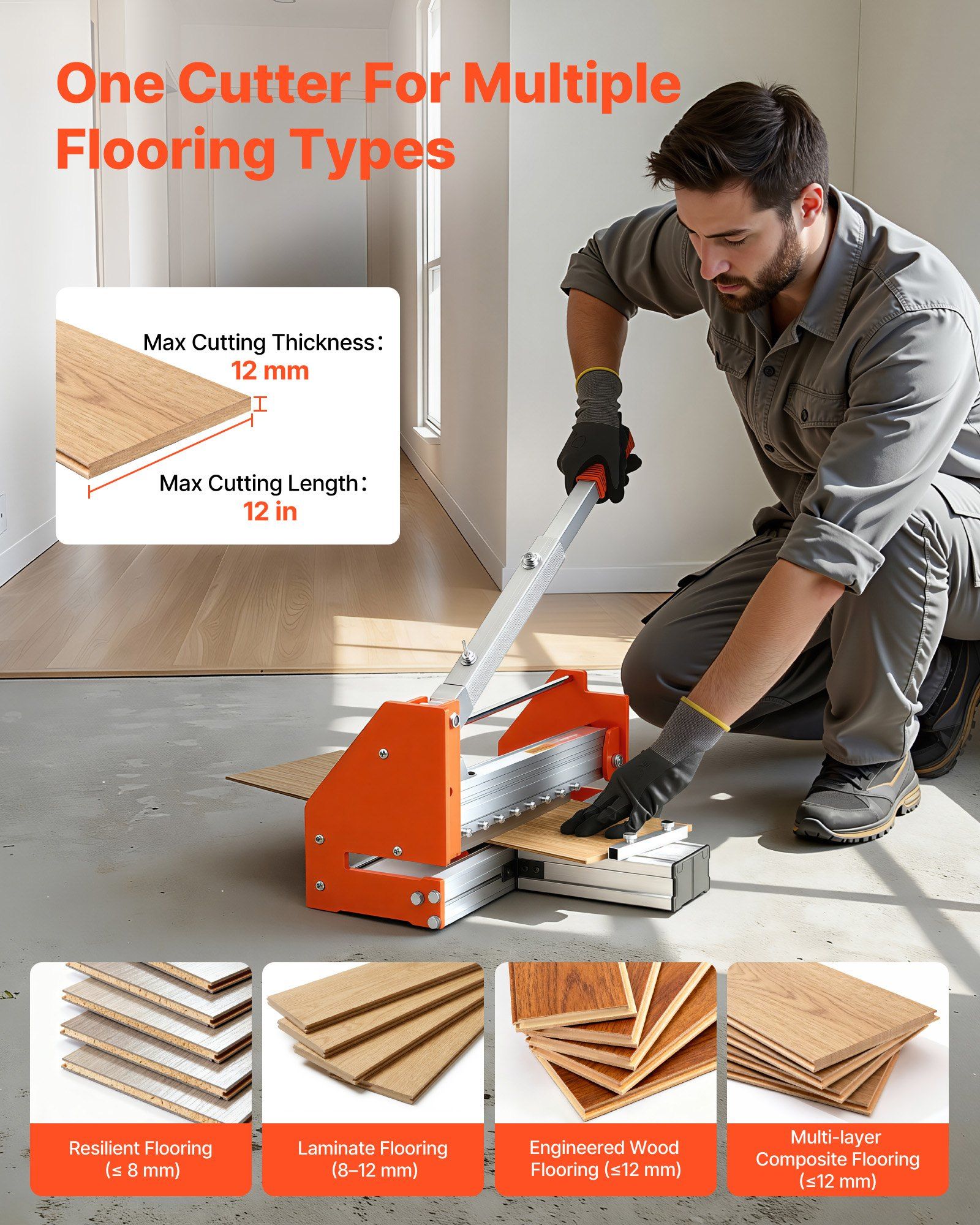 304.8mm Vinyl Floor Cutter, 12mm Thick Laminate Flooring Cutter with Upgraded Labor-Saving Aluminum-Alloy Lever, Telescoping Support Plate, Cuts Certain Engineered Wood, LVT, VCT, SPC, LVP, WPC - Image 3