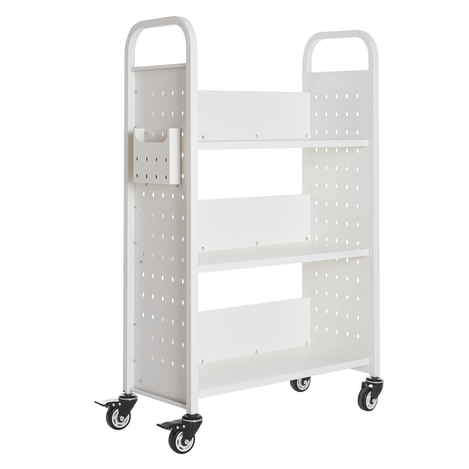 Rolling Library Book Cart, 150 kg Capacity, 77 x 38 x 122 cm Library Cart, Single Sided L-Shaped Shelves with 76.2 mm Lockable Wheels, Book Truck for Home Shelves Office and School, White - Image 1