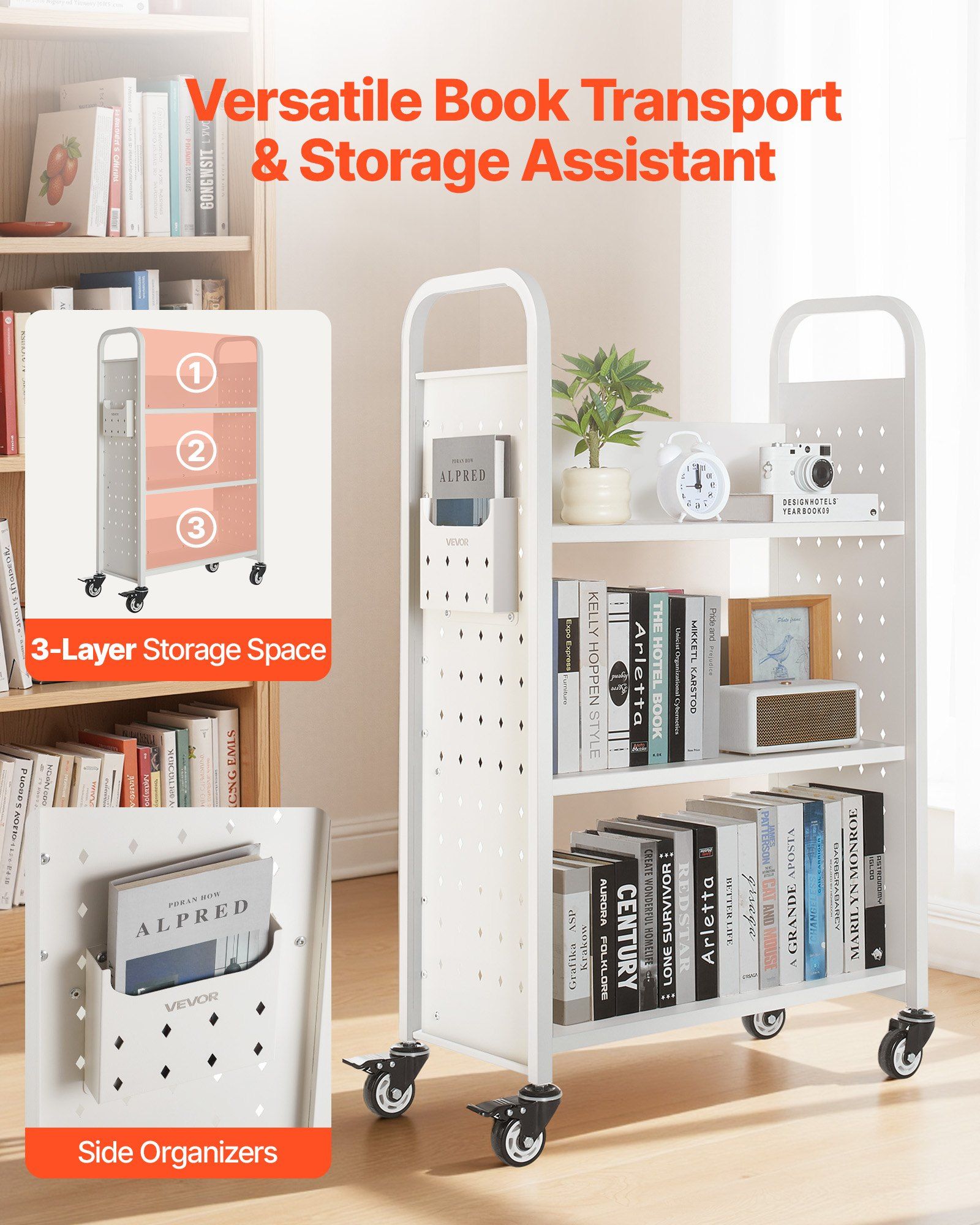 Rolling Library Book Cart, 150 kg Capacity, 77 x 38 x 122 cm Library Cart, Single Sided L-Shaped Shelves with 76.2 mm Lockable Wheels, Book Truck for Home Shelves Office and School, White - Image 2