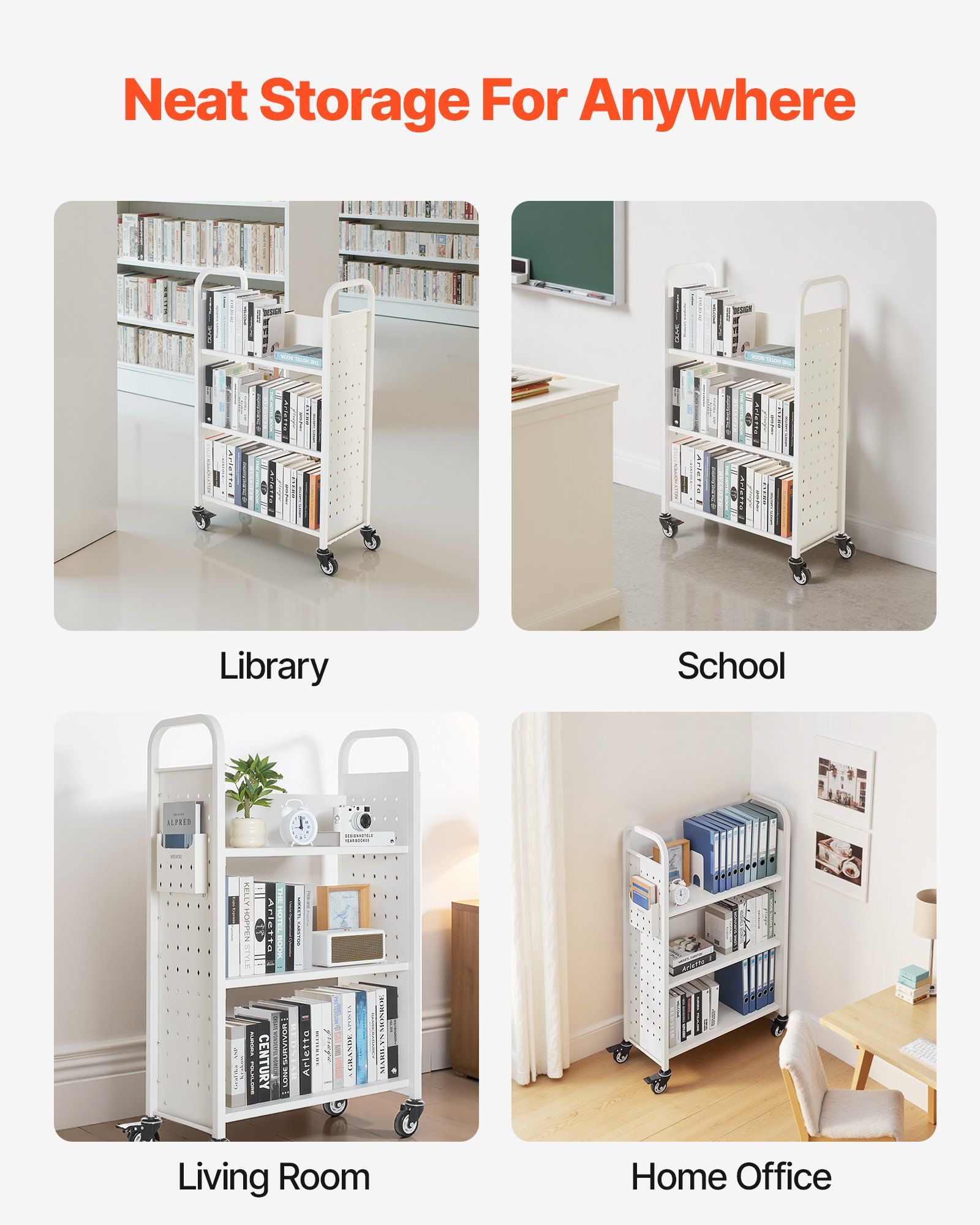 Rolling Library Book Cart, 150 kg Capacity, 77 x 38 x 122 cm Library Cart, Single Sided L-Shaped Shelves with 76.2 mm Lockable Wheels, Book Truck for Home Shelves Office and School, White - Image 6