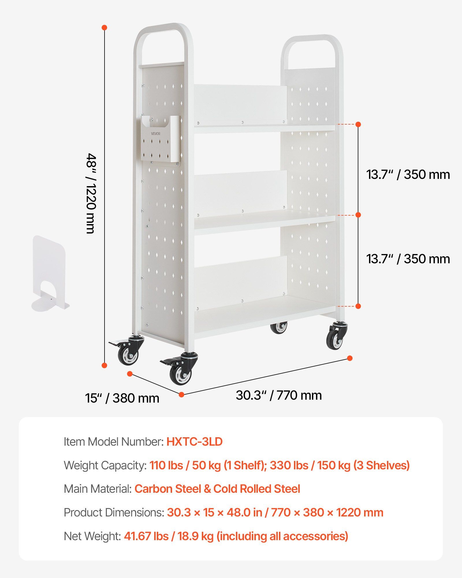 Rolling Library Book Cart, 150 kg Capacity, 77 x 38 x 122 cm Library Cart, Single Sided L-Shaped Shelves with 76.2 mm Lockable Wheels, Book Truck for Home Shelves Office and School, White - Image 7