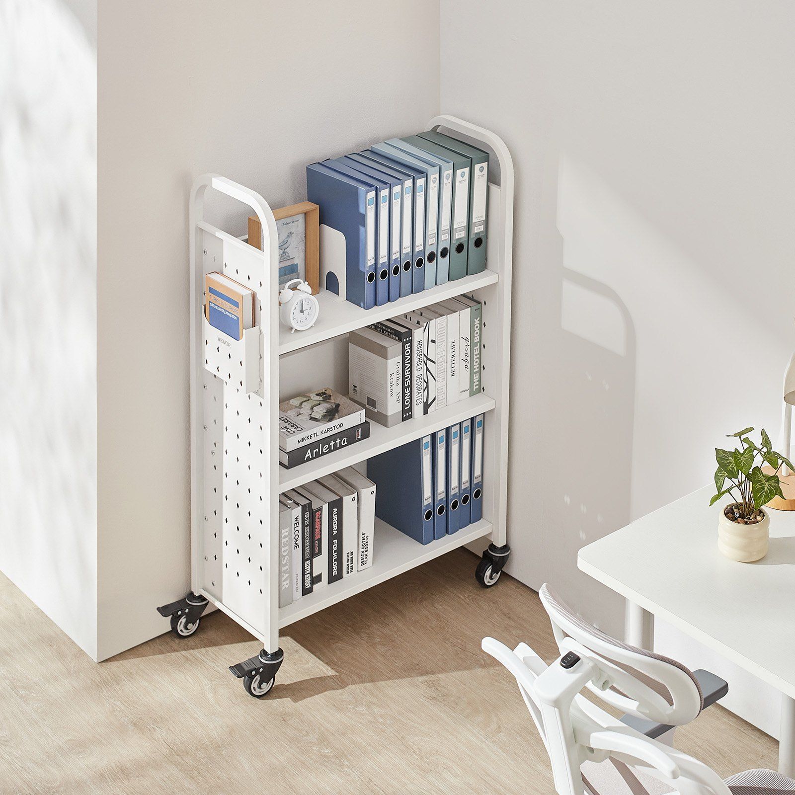 Rolling Library Book Cart, 150 kg Capacity, 77 x 38 x 122 cm Library Cart, Single Sided L-Shaped Shelves with 76.2 mm Lockable Wheels, Book Truck for Home Shelves Office and School, White - Image 8