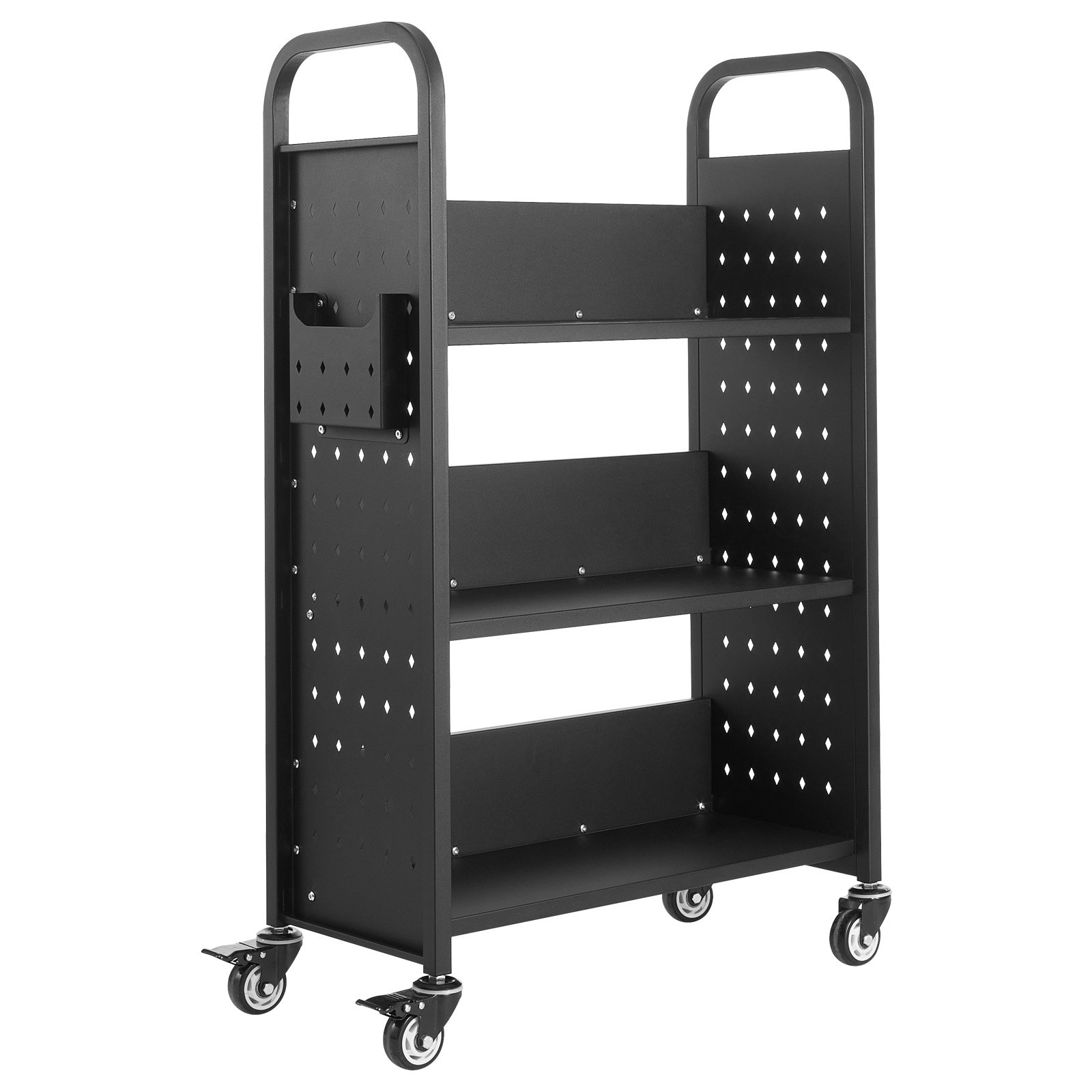 Rolling Library Book Cart, 150 kg Capacity, 77 x 38 x 122 cm Library Cart, Single Sided L-Shaped Shelves with 76.2 mm Lockable Wheels, Book Truck for Home Shelves Office and School, Black - Image 1