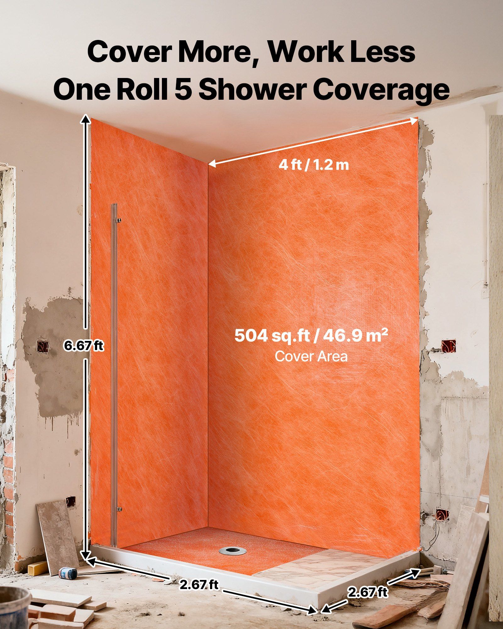 Waterproof Membrane for Shower, 1.2 x 40 m 46.45 m² Waterproofing Tile Membrane, 0.5mm Thickness Polyethylene Fabric Roll, Easy to Cut for Bathroom, Kitchen, Sauna, Walls, Underlayment - Image 3