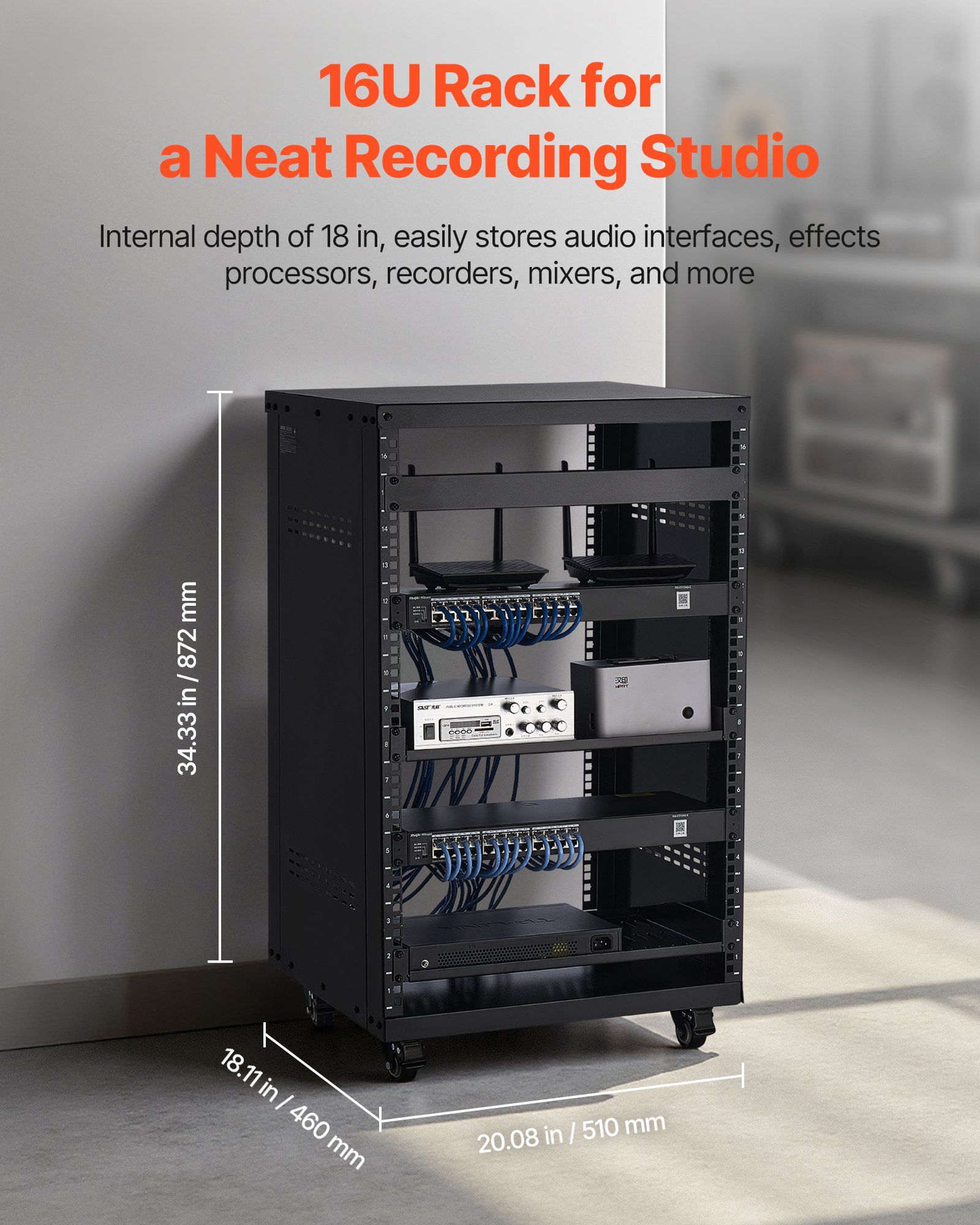 16U AV Rack, 90.7 kg Max Load Capacity, Home Recording Studio Rack with Lockable Caster Wheels, Open Frame Server Cabinet, Special Vent Design, for Audio Video Musical & IT Equipment Mounting - Image 2