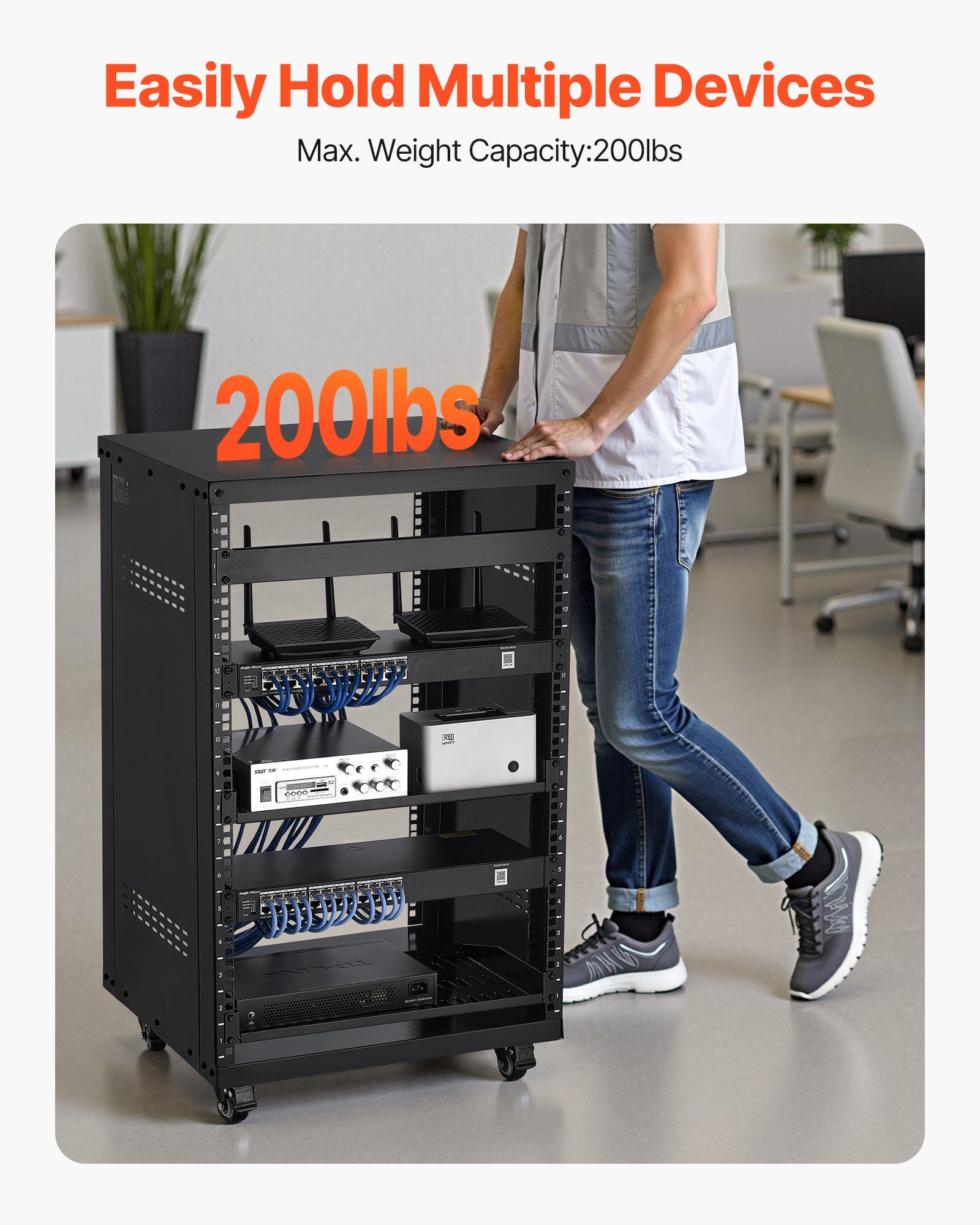 16U AV Rack, 90.7 kg Max Load Capacity, Home Recording Studio Rack with Lockable Caster Wheels, Open Frame Server Cabinet, Special Vent Design, for Audio Video Musical & IT Equipment Mounting - Image 3