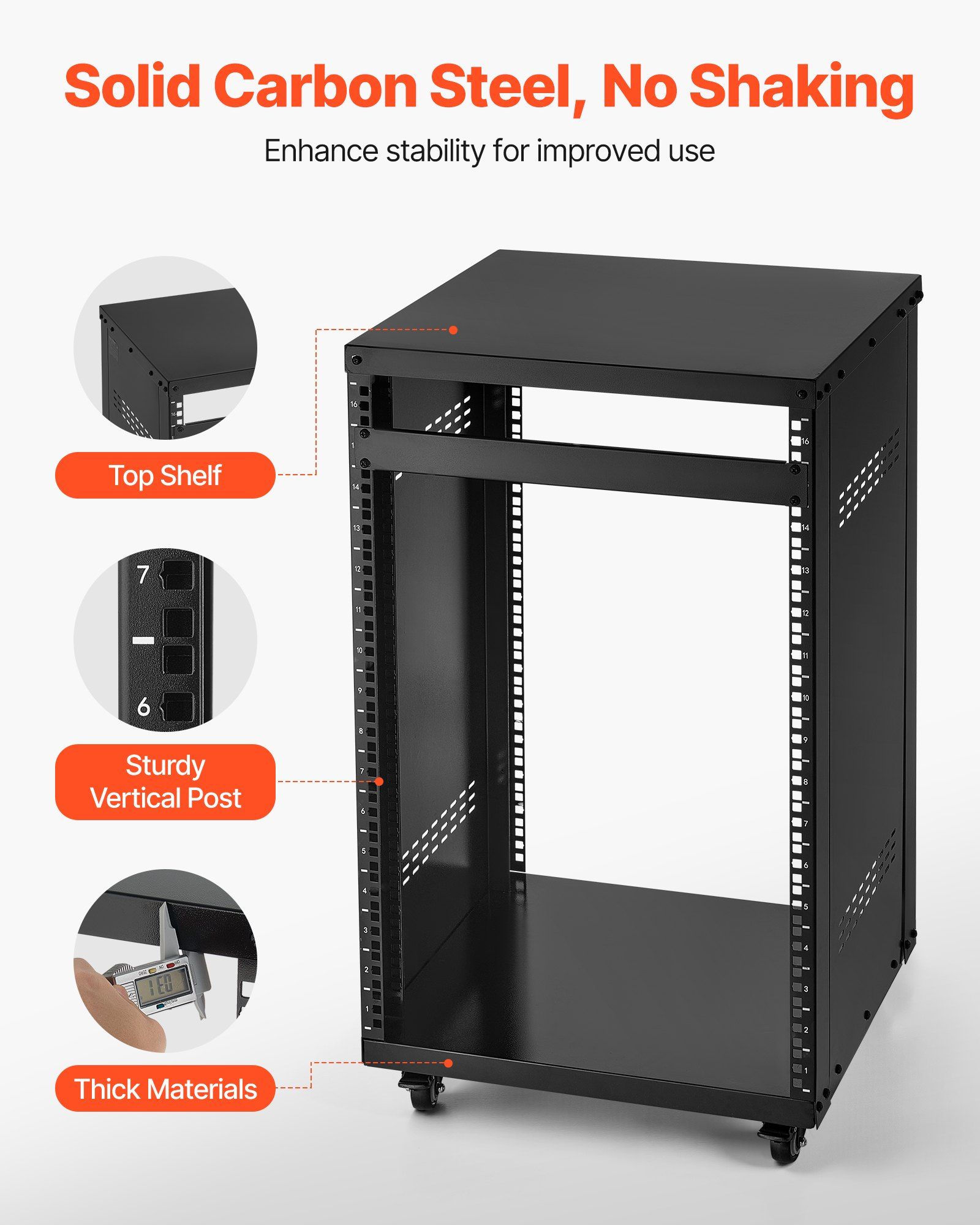 16U AV Rack, 90.7 kg Max Load Capacity, Home Recording Studio Rack with Lockable Caster Wheels, Open Frame Server Cabinet, Special Vent Design, for Audio Video Musical & IT Equipment Mounting - Image 4