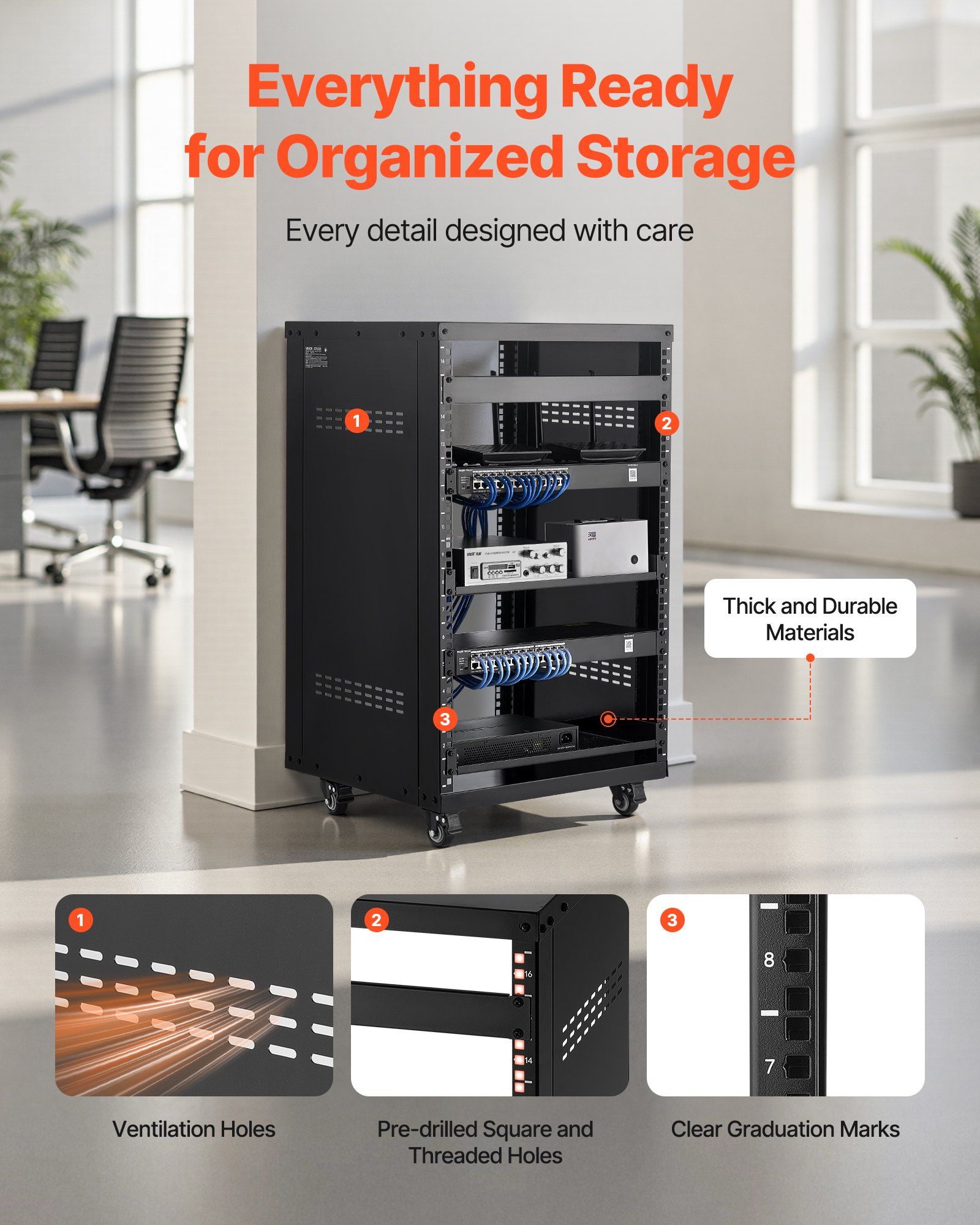 16U AV Rack, 90.7 kg Max Load Capacity, Home Recording Studio Rack with Lockable Caster Wheels, Open Frame Server Cabinet, Special Vent Design, for Audio Video Musical & IT Equipment Mounting - Image 6