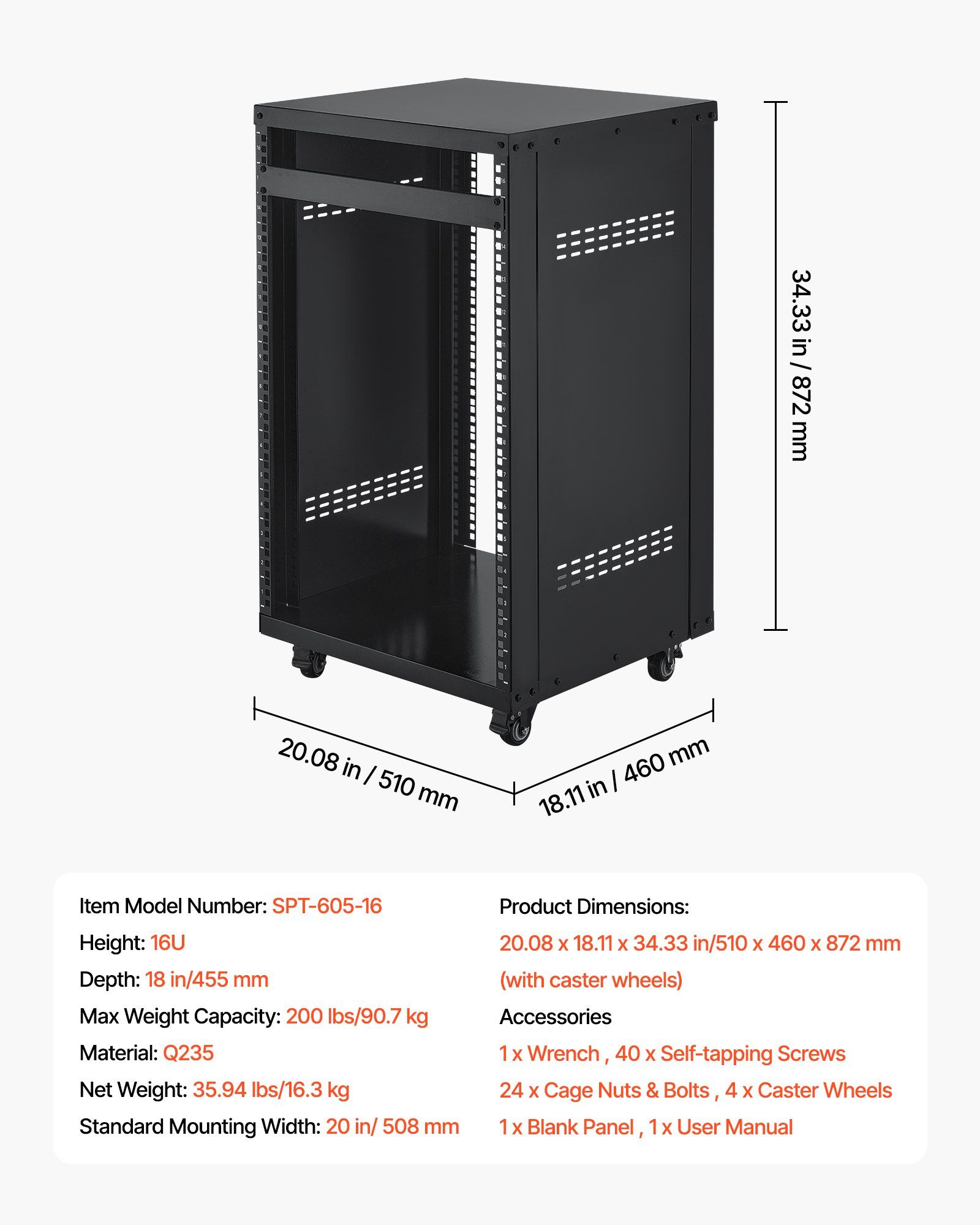 16U AV Rack, 90.7 kg Max Load Capacity, Home Recording Studio Rack with Lockable Caster Wheels, Open Frame Server Cabinet, Special Vent Design, for Audio Video Musical & IT Equipment Mounting - Image 7