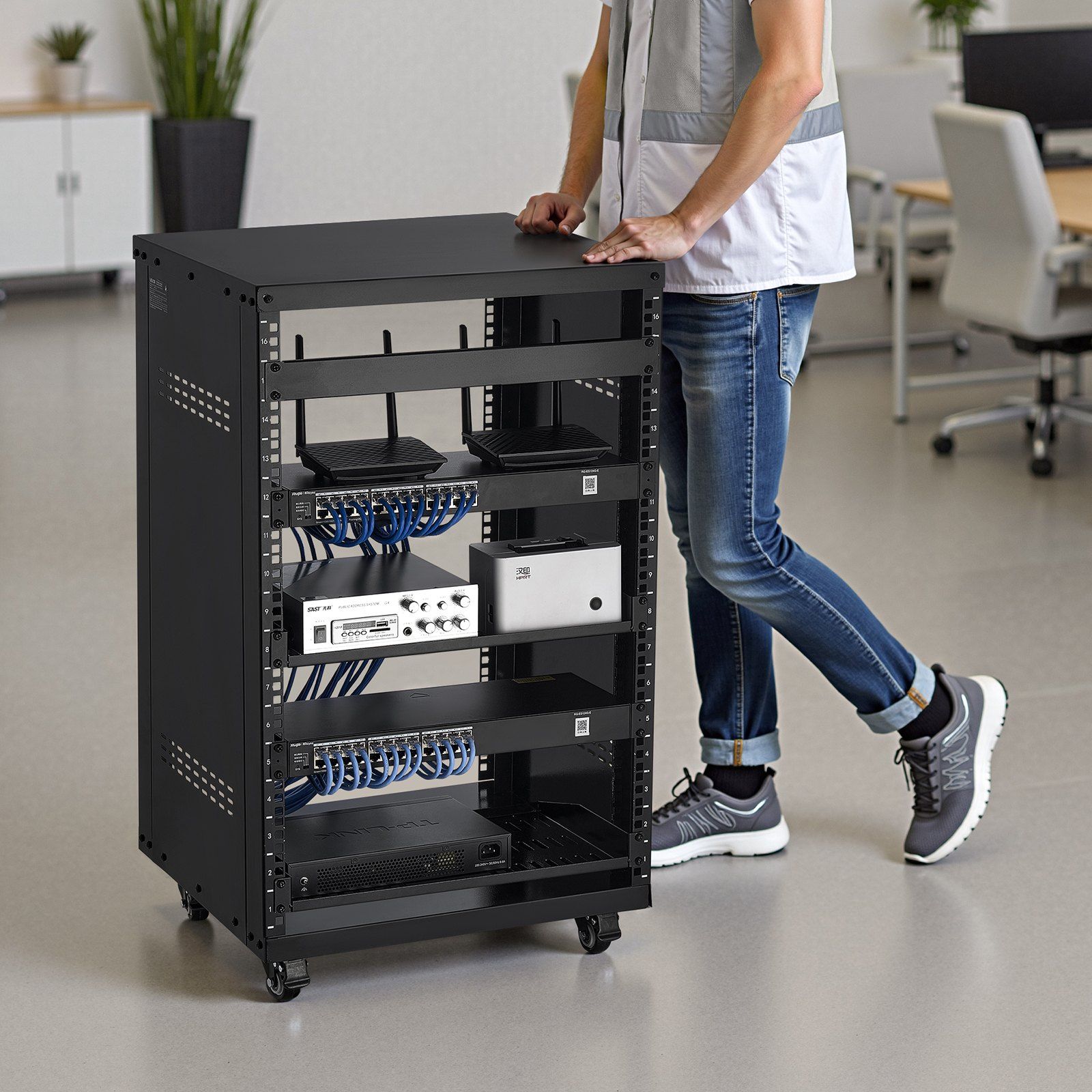 16U AV Rack, 90.7 kg Max Load Capacity, Home Recording Studio Rack with Lockable Caster Wheels, Open Frame Server Cabinet, Special Vent Design, for Audio Video Musical & IT Equipment Mounting - Image 8