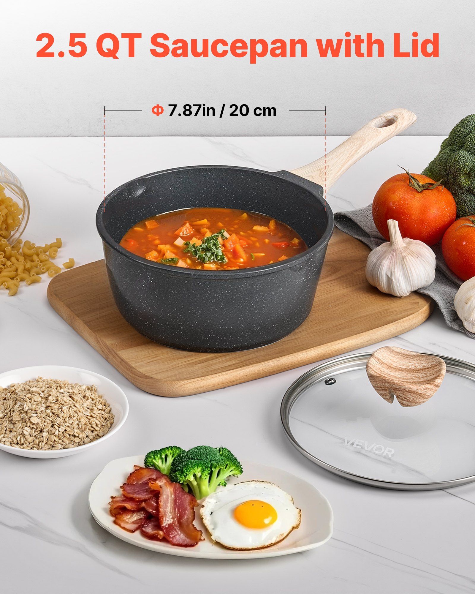 2.5 QT Saucepan, Nonstick Saucepan with Tempered Glass Lid, Multipurpose Cooking Sauce Pot with Detachable Handle, Sauce Pan Small Kitchen Cooking Pot with Coating, Induction Compatible, Black - Image 2