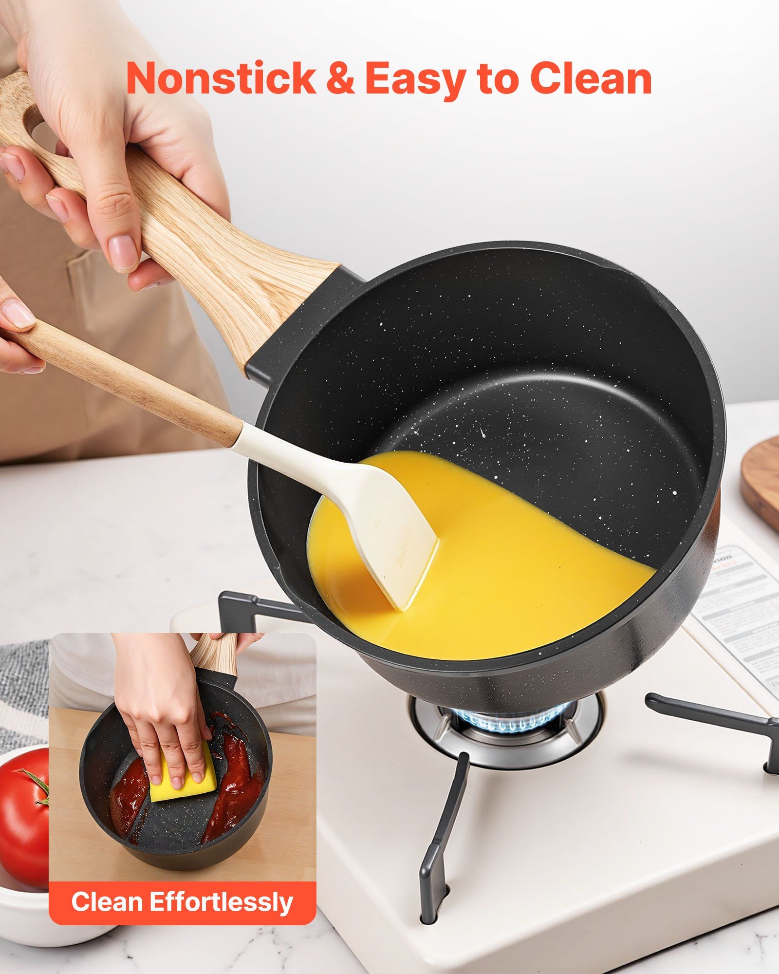 2.5 QT Saucepan, Nonstick Saucepan with Tempered Glass Lid, Multipurpose Cooking Sauce Pot with Detachable Handle, Sauce Pan Small Kitchen Cooking Pot with Coating, Induction Compatible, Black - Image 4