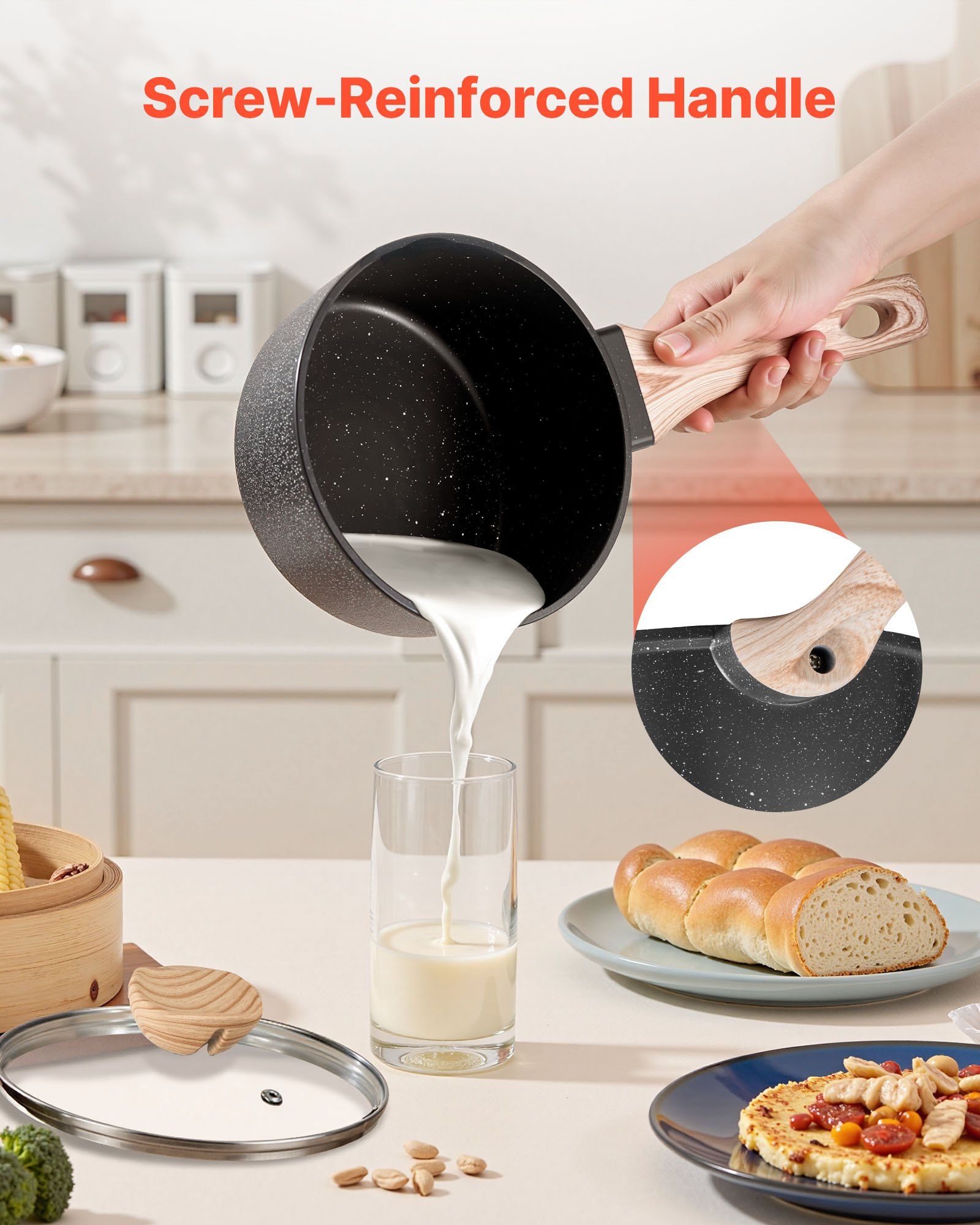2.5 QT Saucepan, Nonstick Saucepan with Tempered Glass Lid, Multipurpose Cooking Sauce Pot with Detachable Handle, Sauce Pan Small Kitchen Cooking Pot with Coating, Induction Compatible, Black - Image 6