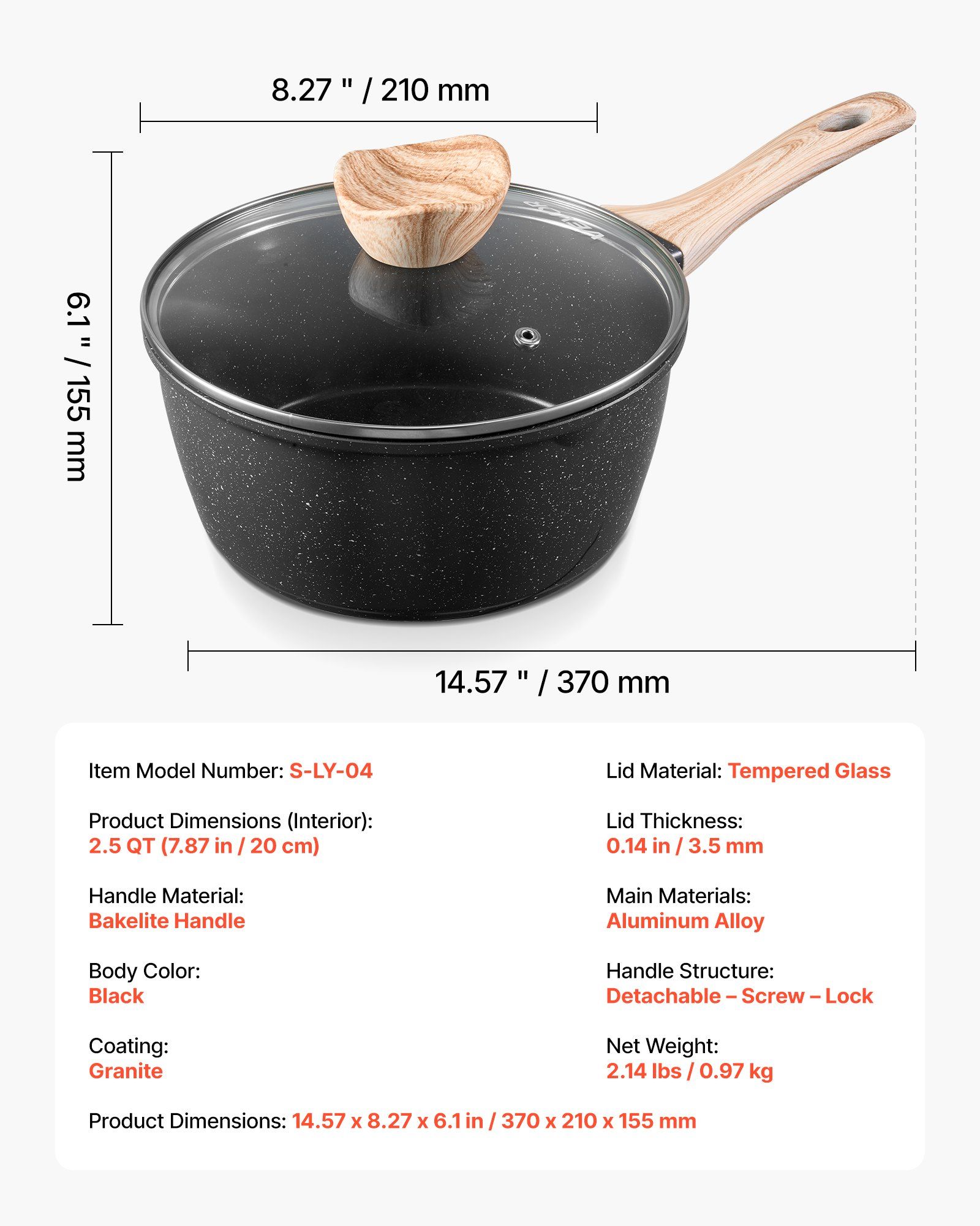 2.5 QT Saucepan, Nonstick Saucepan with Tempered Glass Lid, Multipurpose Cooking Sauce Pot with Detachable Handle, Sauce Pan Small Kitchen Cooking Pot with Coating, Induction Compatible, Black - Image 7