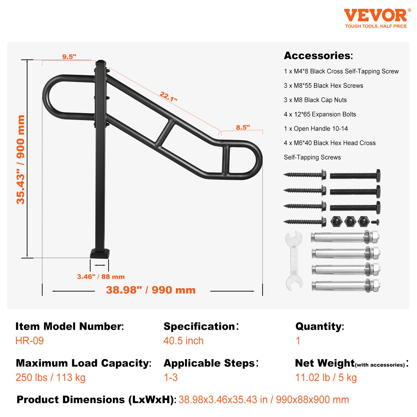 Single Post Handrail for Outdoor 1-3 Steps, 40.5