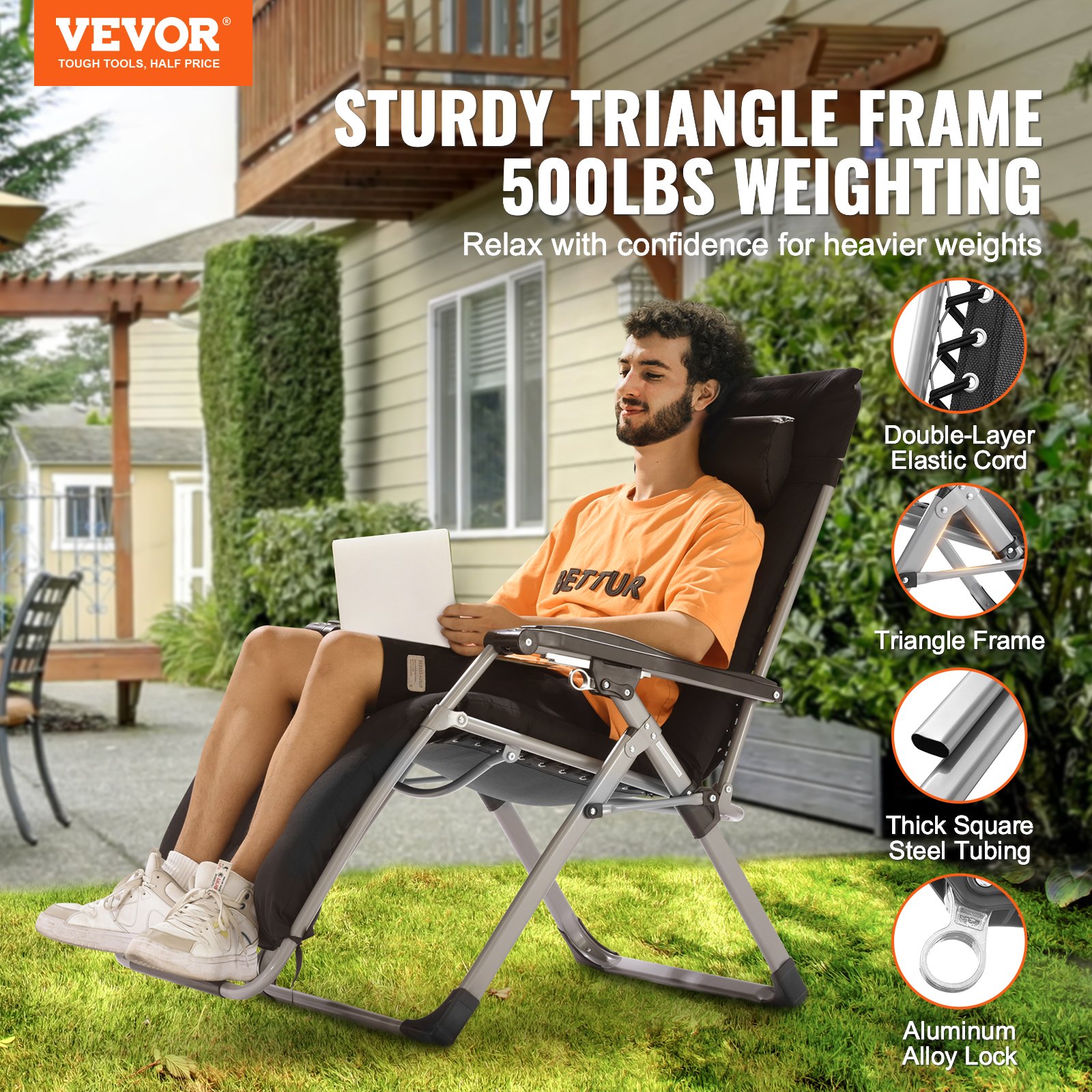 Zero Gravity Chair, 26 inch Zero Gravity Recliner Lounge Chair for Indoor and Outdoor, Adjustable Anti Gravity Chair with Cushion, Headrest, Footrest, and Cupholder, 500 lbs, Black - Image 2