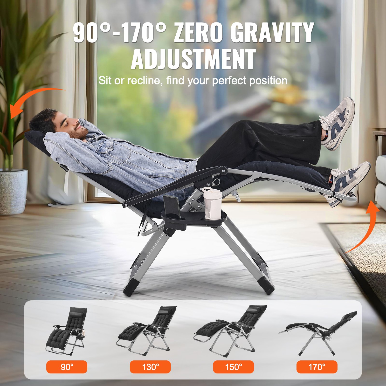 Zero Gravity Chair, 26 inch Zero Gravity Recliner Lounge Chair for Indoor and Outdoor, Adjustable Anti Gravity Chair with Cushion, Headrest, Footrest, and Cupholder, 500 lbs, Black - Image 3