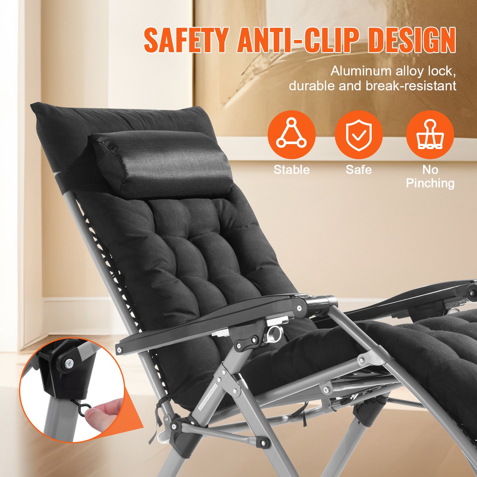 Zero Gravity Chair, 26 inch Zero Gravity Recliner Lounge Chair for Indoor and Outdoor, Adjustable Anti Gravity Chair with Cushion, Headrest, Footrest, and Cupholder, 500 lbs, Black - Image 5