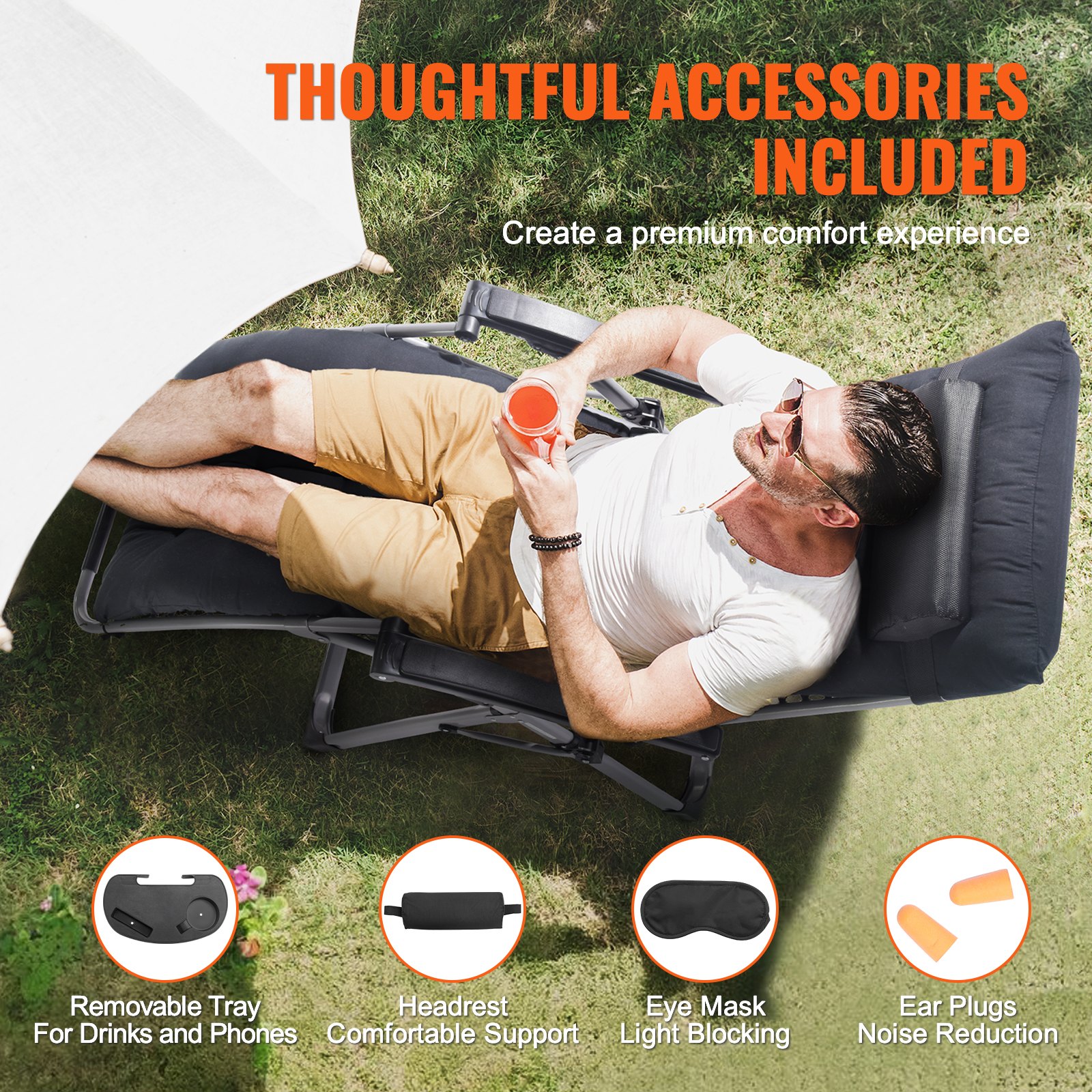 Zero Gravity Chair, 26 inch Zero Gravity Recliner Lounge Chair for Indoor and Outdoor, Adjustable Anti Gravity Chair with Cushion, Headrest, Footrest, and Cupholder, 500 lbs, Black - Image 6