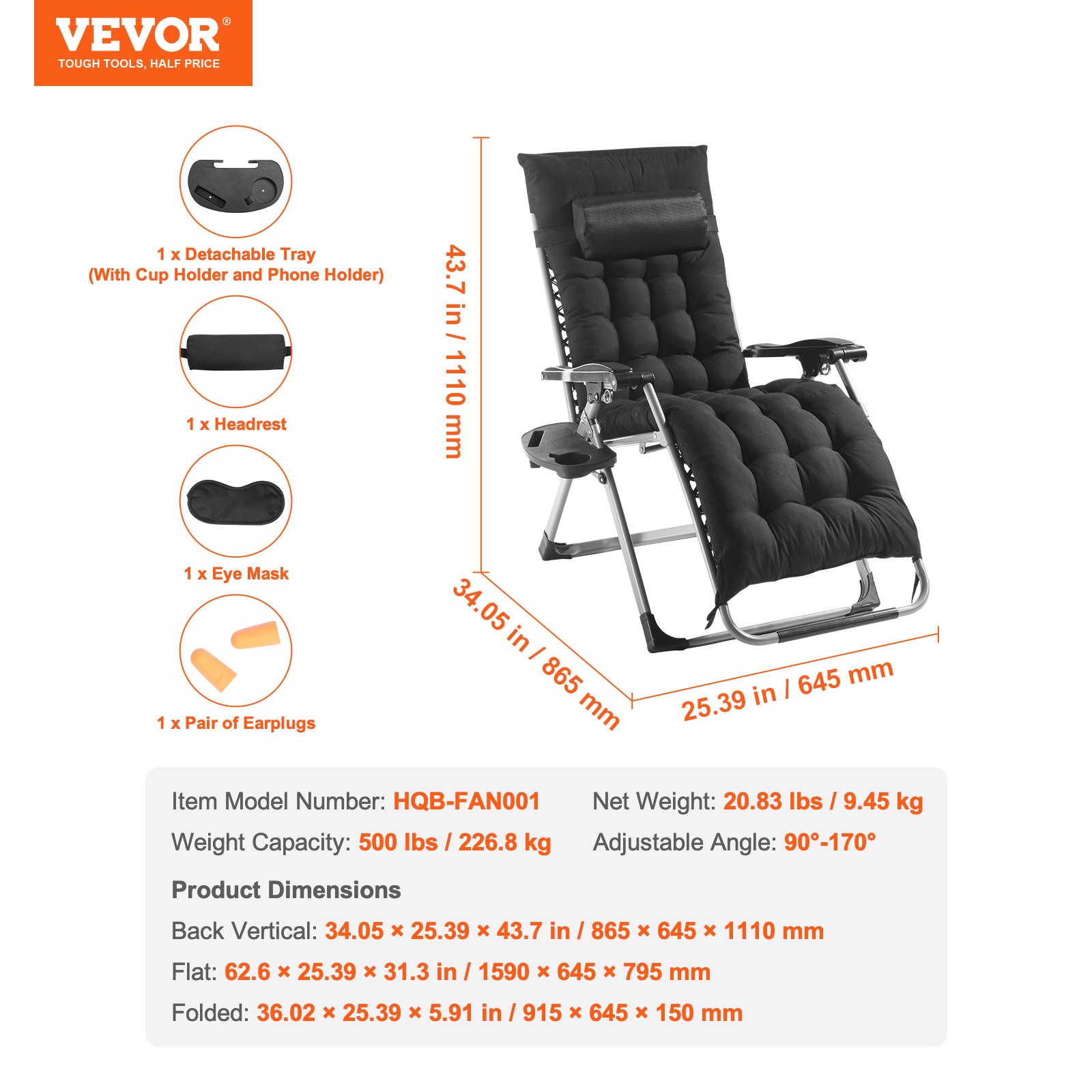Zero Gravity Chair, 26 inch Zero Gravity Recliner Lounge Chair for Indoor and Outdoor, Adjustable Anti Gravity Chair with Cushion, Headrest, Footrest, and Cupholder, 500 lbs, Black - Image 7