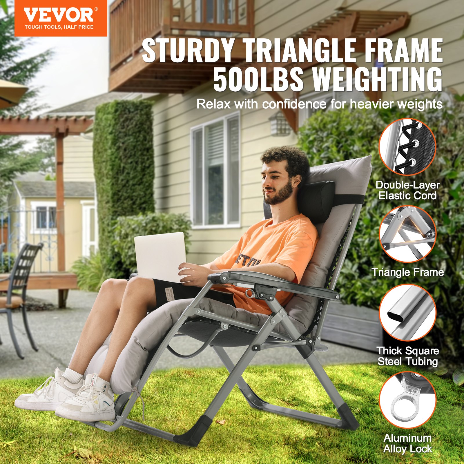 Zero Gravity Chair, 33 inch Zero Gravity Recliner Lounge Chair for Indoor and Outdoor, Adjustable Anti Gravity Chair with Cushion, Headrest, Footrest, and Cupholder, 500 lbs, Gray - Image 2