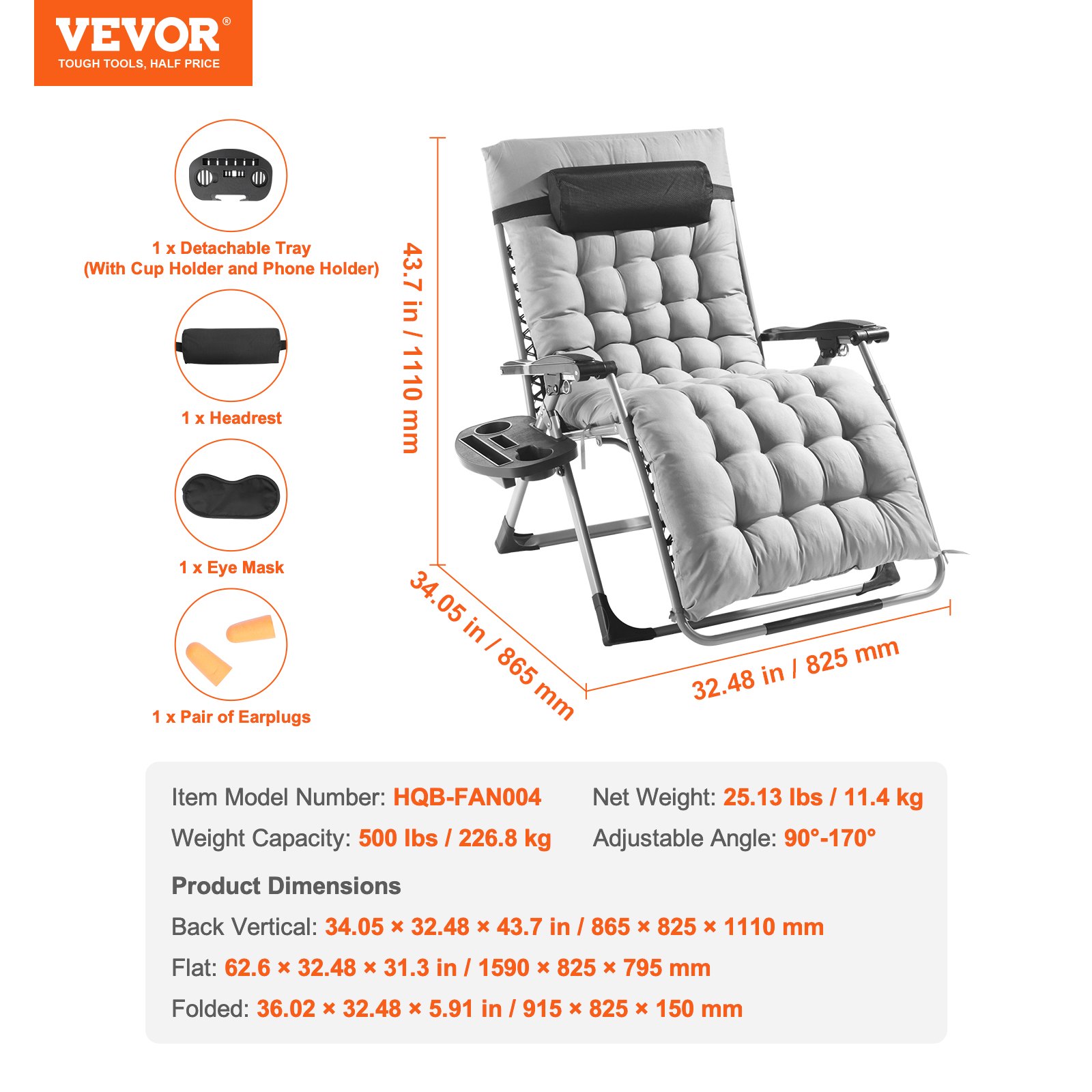 Zero Gravity Chair, 33 inch Zero Gravity Recliner Lounge Chair for Indoor and Outdoor, Adjustable Anti Gravity Chair with Cushion, Headrest, Footrest, and Cupholder, 500 lbs, Gray - Image 7