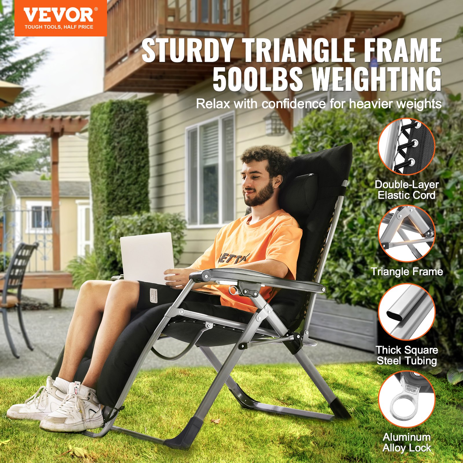 Zero Gravity Chair, 33 inch Zero Gravity Recliner Lounge Chair for Indoor and Outdoor, Adjustable Anti Gravity Chair with Cushion, Headrest, Footrest, and Cupholder, 500 lbs, Black - Image 2