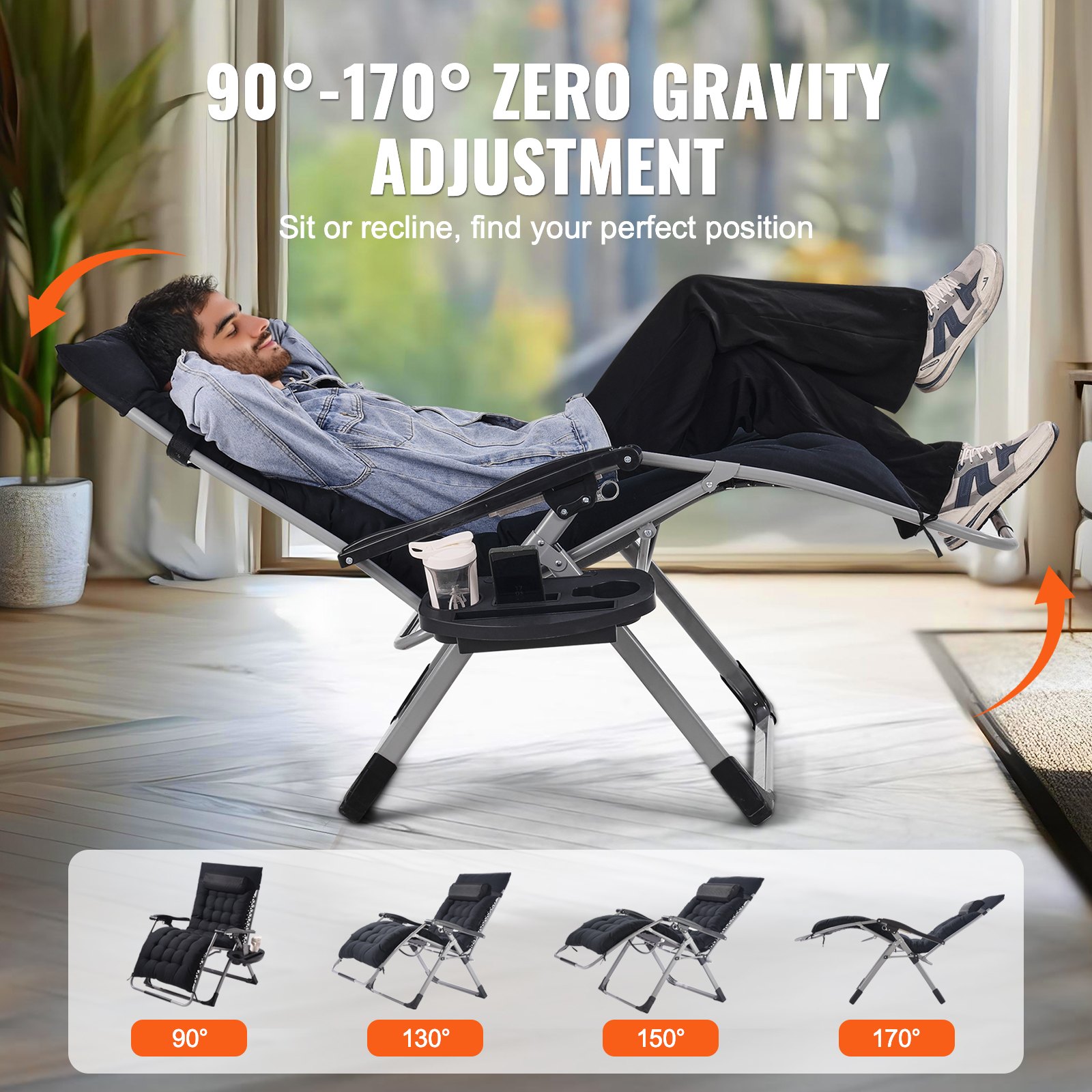 Zero Gravity Chair, 33 inch Zero Gravity Recliner Lounge Chair for Indoor and Outdoor, Adjustable Anti Gravity Chair with Cushion, Headrest, Footrest, and Cupholder, 500 lbs, Black - Image 3