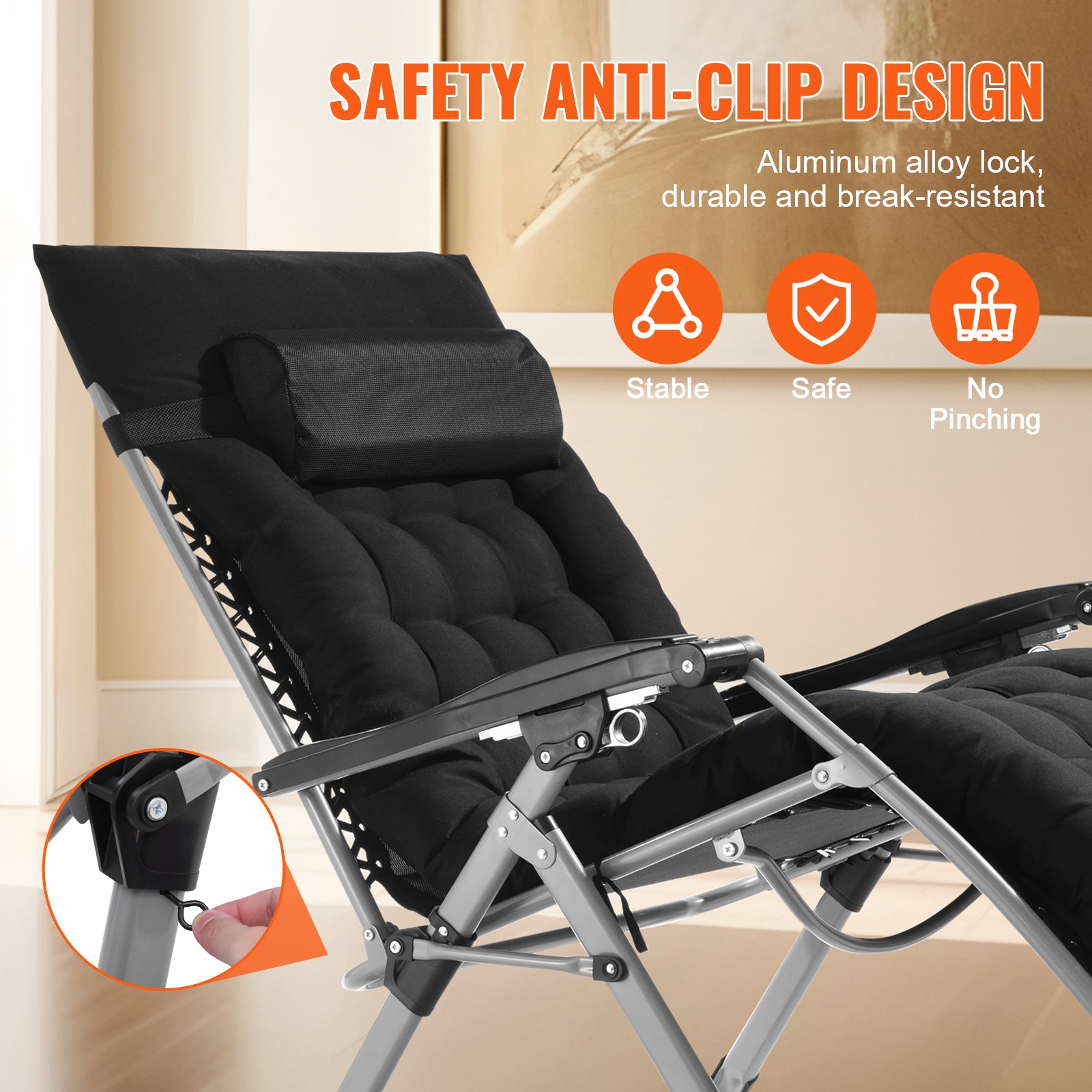 Zero Gravity Chair, 33 inch Zero Gravity Recliner Lounge Chair for Indoor and Outdoor, Adjustable Anti Gravity Chair with Cushion, Headrest, Footrest, and Cupholder, 500 lbs, Black - Image 5