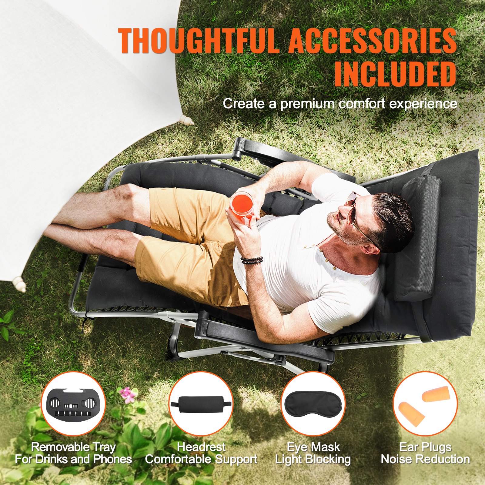 Zero Gravity Chair, 33 inch Zero Gravity Recliner Lounge Chair for Indoor and Outdoor, Adjustable Anti Gravity Chair with Cushion, Headrest, Footrest, and Cupholder, 500 lbs, Black - Image 6