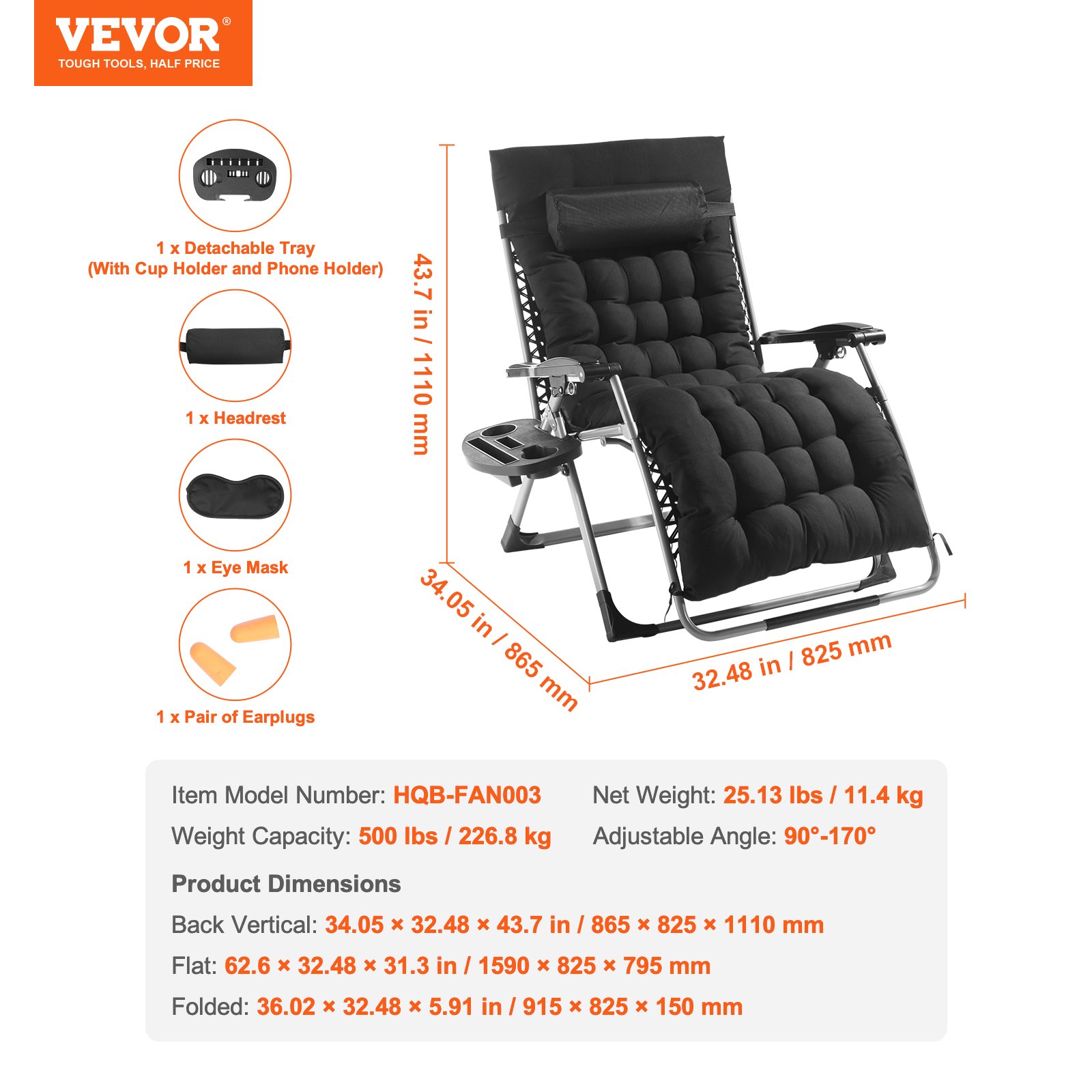 Zero Gravity Chair, 33 inch Zero Gravity Recliner Lounge Chair for Indoor and Outdoor, Adjustable Anti Gravity Chair with Cushion, Headrest, Footrest, and Cupholder, 500 lbs, Black - Image 7