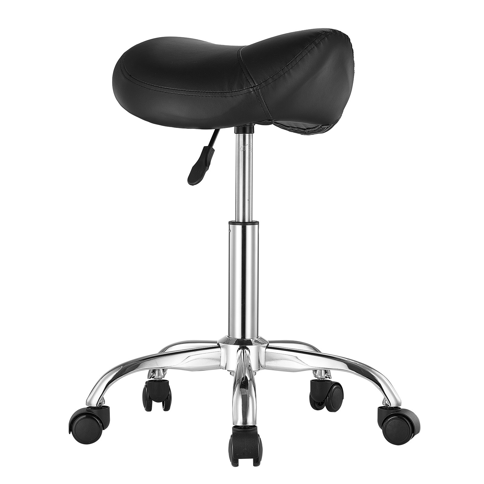 Saddle Rolling Stool, PU Leather Rolling Stool with Wheels, 360° Swivel Drafting Stool with Thickened Cushion, Height Adjustable Rolling Work SPA Stool, for Office, Home, Salon & Bar, Black - Image 1