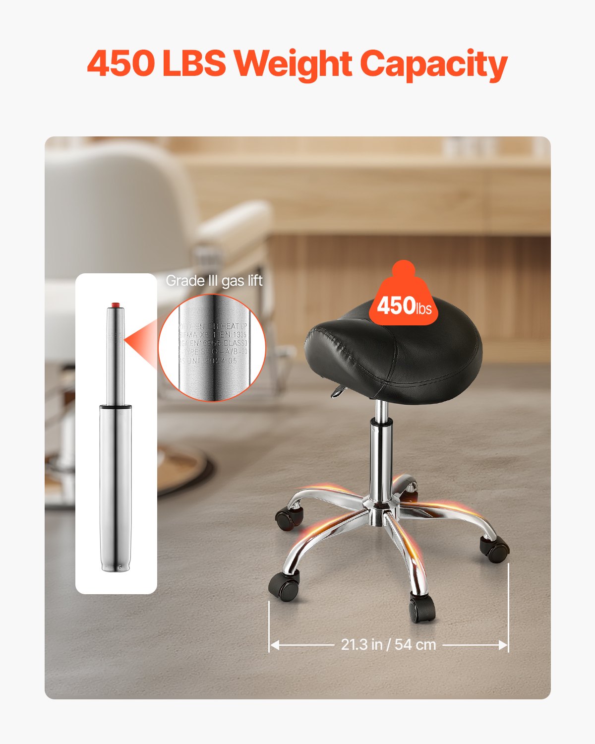 Saddle Rolling Stool, PU Leather Rolling Stool with Wheels, 360° Swivel Drafting Stool with Thickened Cushion, Height Adjustable Rolling Work SPA Stool, for Office, Home, Salon & Bar, Black - Image 3