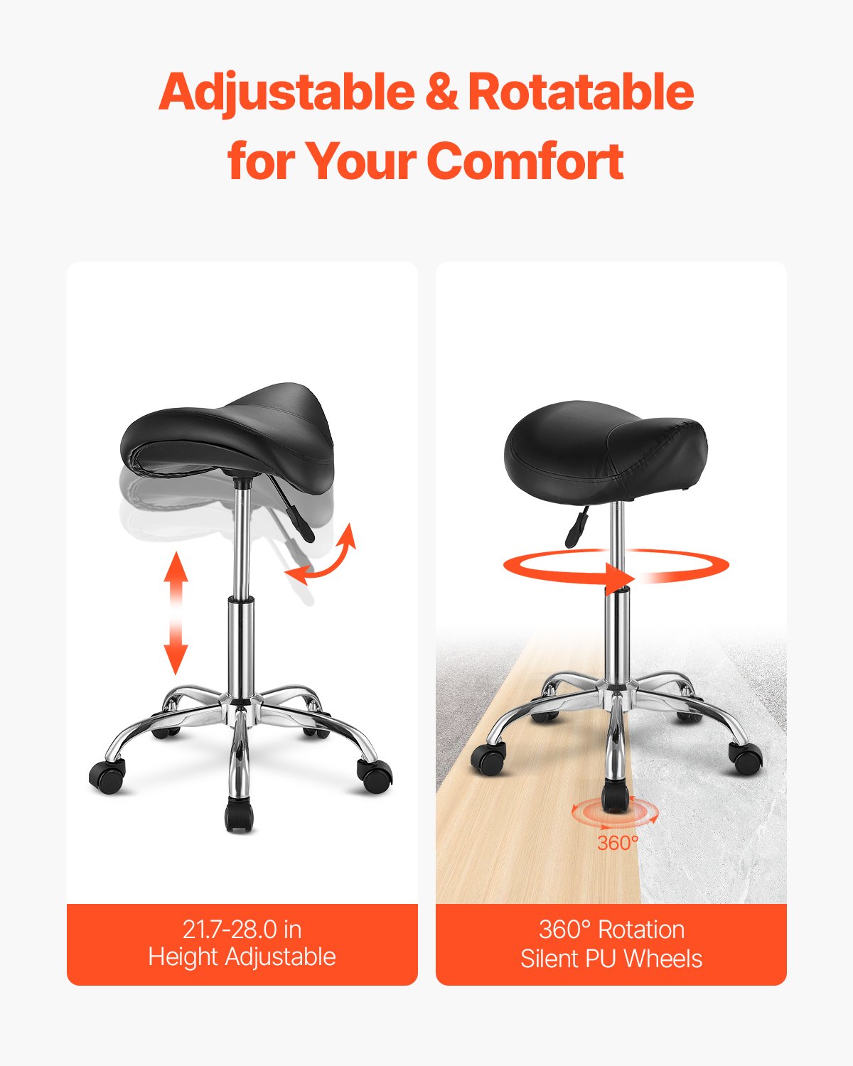 Saddle Rolling Stool, PU Leather Rolling Stool with Wheels, 360° Swivel Drafting Stool with Thickened Cushion, Height Adjustable Rolling Work SPA Stool, for Office, Home, Salon & Bar, Black - Image 4