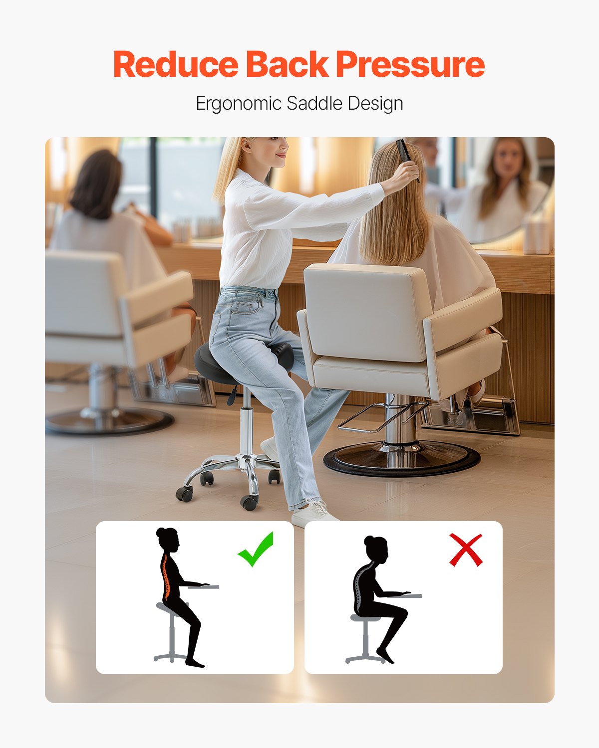 Saddle Rolling Stool, PU Leather Rolling Stool with Wheels, 360° Swivel Drafting Stool with Thickened Cushion, Height Adjustable Rolling Work SPA Stool, for Office, Home, Salon & Bar, Black - Image 5
