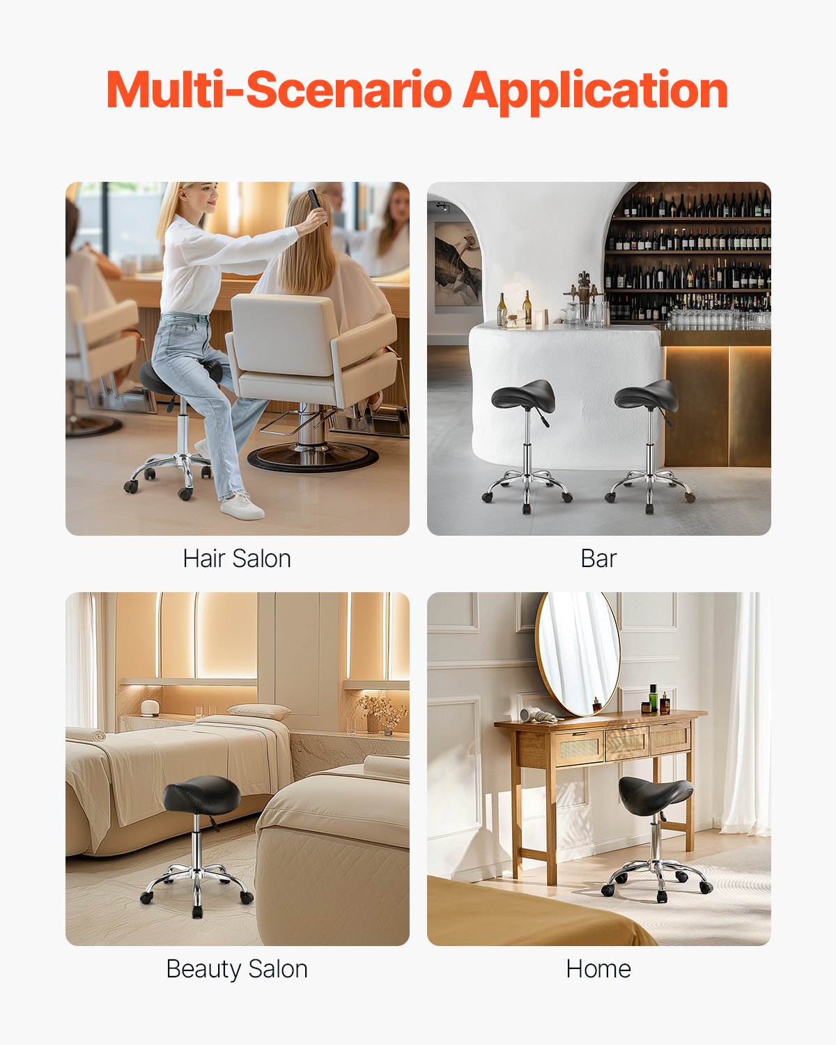 Saddle Rolling Stool, PU Leather Rolling Stool with Wheels, 360° Swivel Drafting Stool with Thickened Cushion, Height Adjustable Rolling Work SPA Stool, for Office, Home, Salon & Bar, Black - Image 6