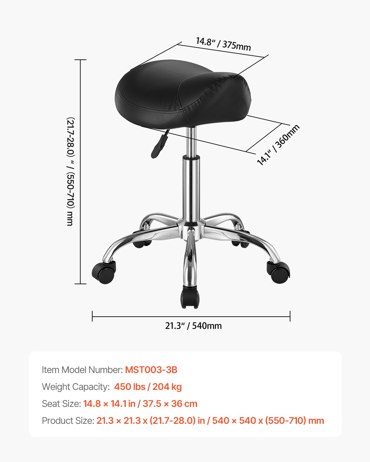 Saddle Rolling Stool, PU Leather Rolling Stool with Wheels, 360° Swivel Drafting Stool with Thickened Cushion, Height Adjustable Rolling Work SPA Stool, for Office, Home, Salon & Bar, Black - Image 7